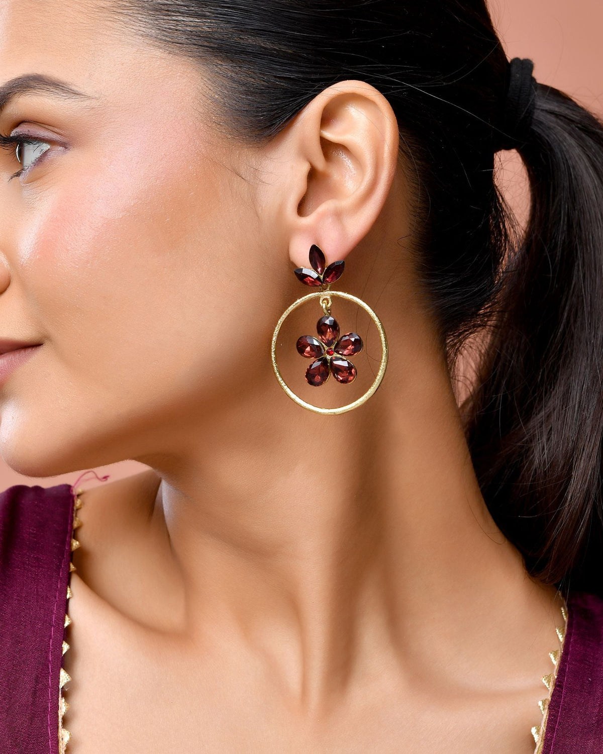 Jewels Nest Gold Tone Dark Maroon Floral Hoop Earrings For Women | Grocsy