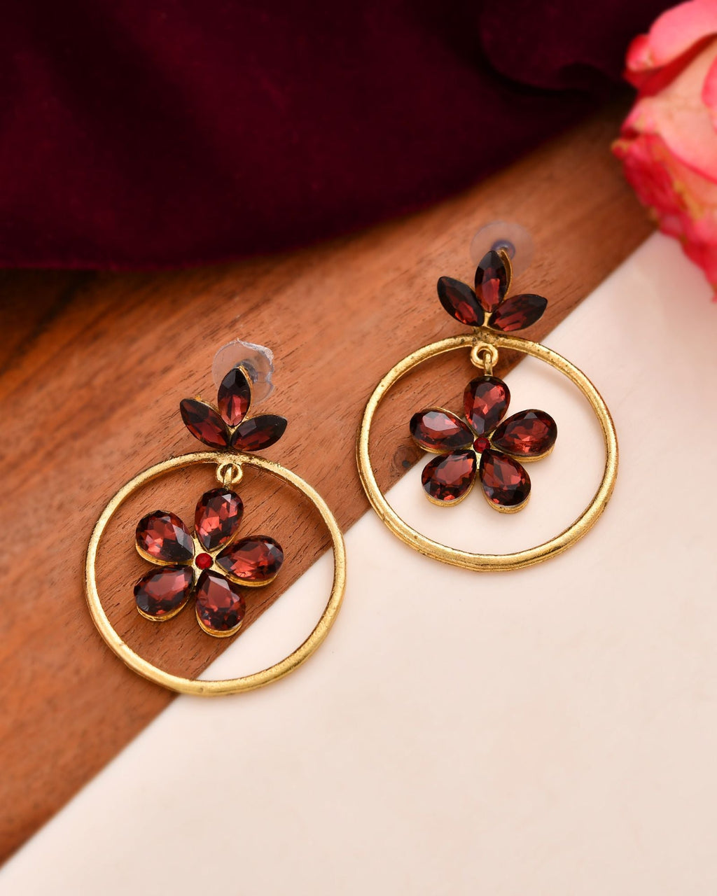 Jewels Nest Gold Tone Dark Maroon Floral Hoop Earrings For Women | Grocsy