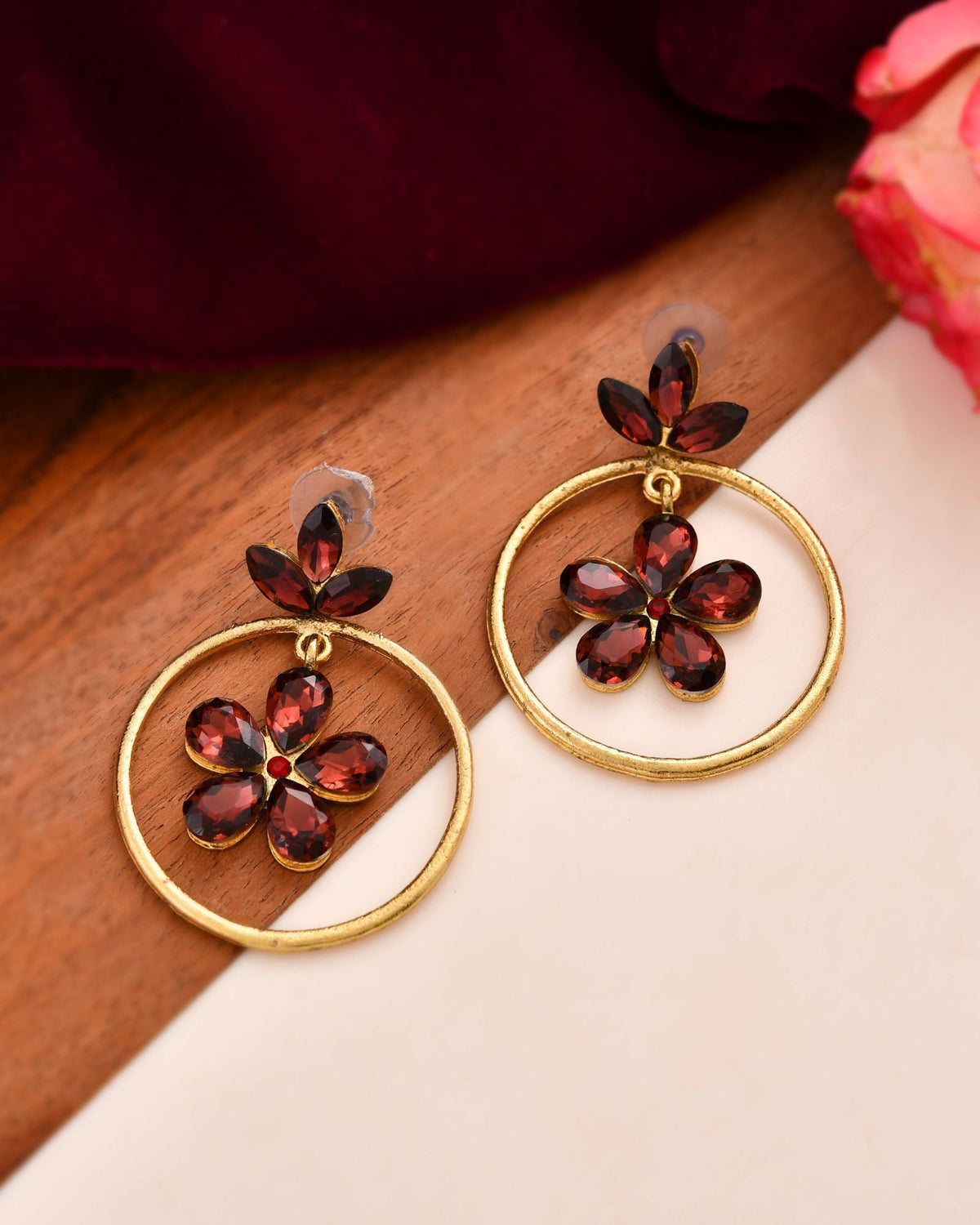 Jewels Nest Gold Tone Dark Maroon Floral Hoop Earrings For Women | Grocsy