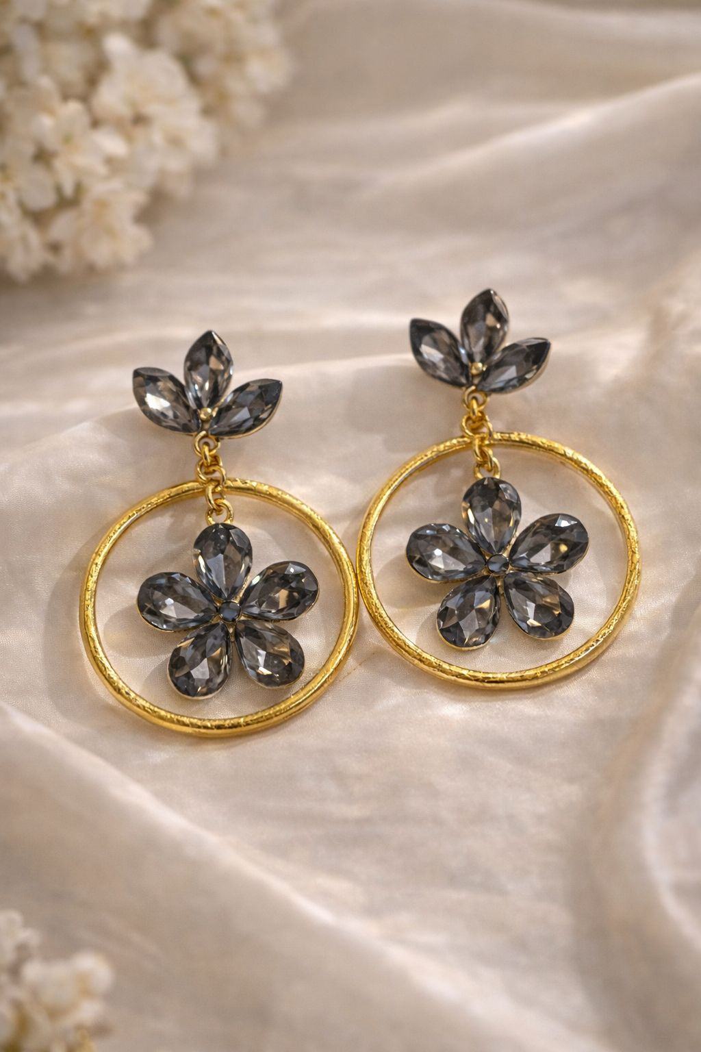 Jewels Nest Gold Plated Black Stone Floral Hoop Earrings For Women | Grocsy