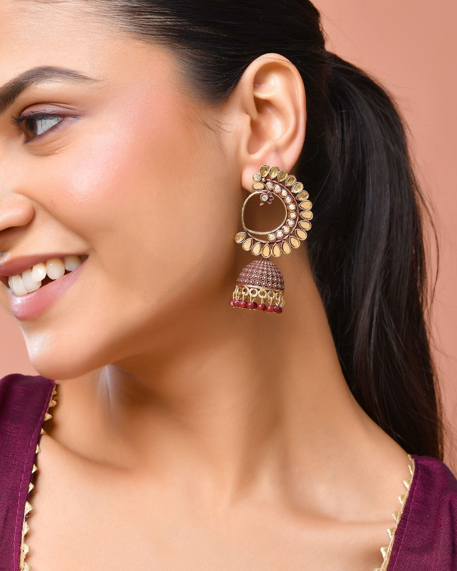 Jewels Nest Gold Plated Kundan Style Jhumka Earrings With Maroon Beads For Women | Grocsy