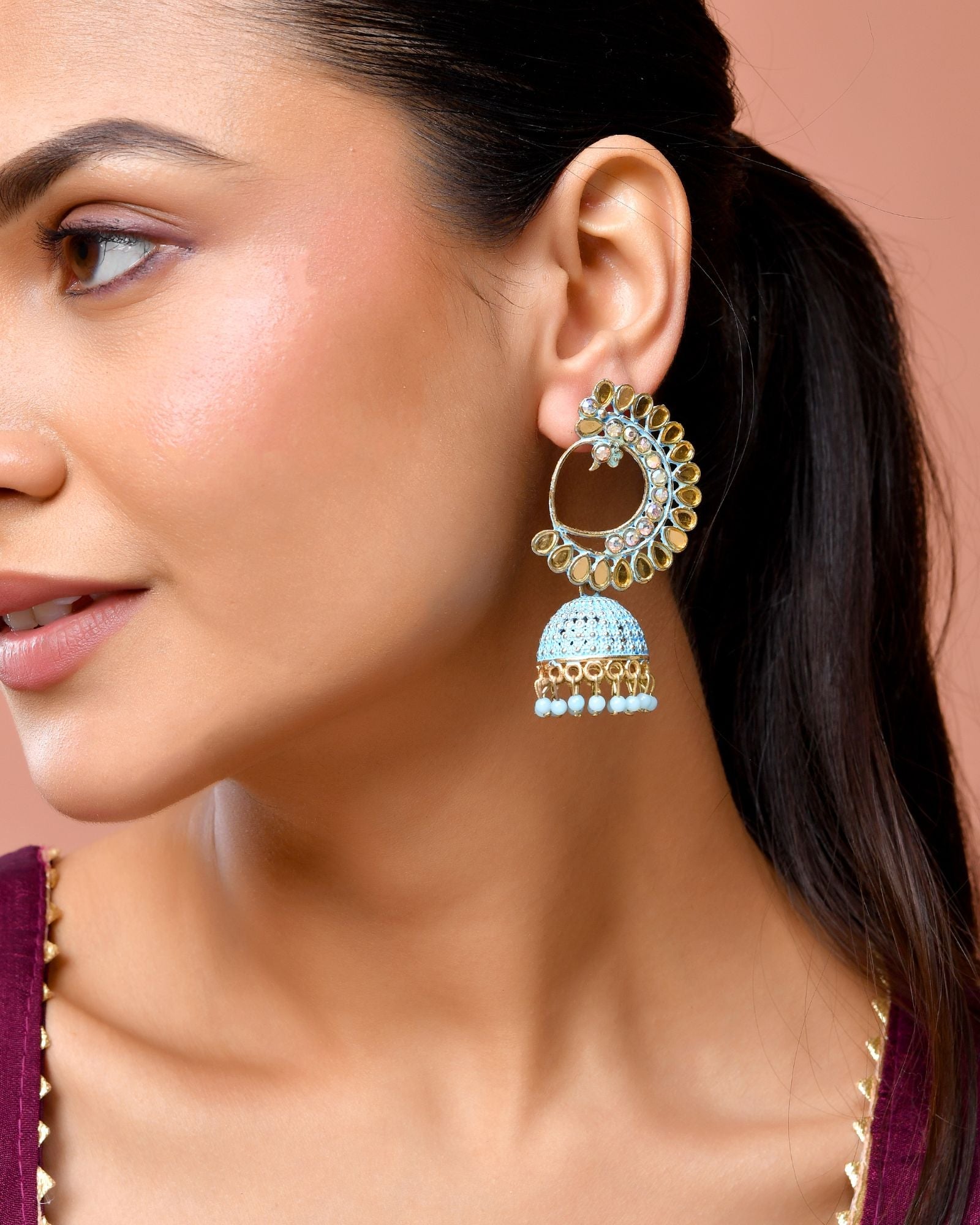 Jewels Nest Gold Plated Kundan Style Blue Jhumka Earrings With Bead Drops For Women | Grocsy