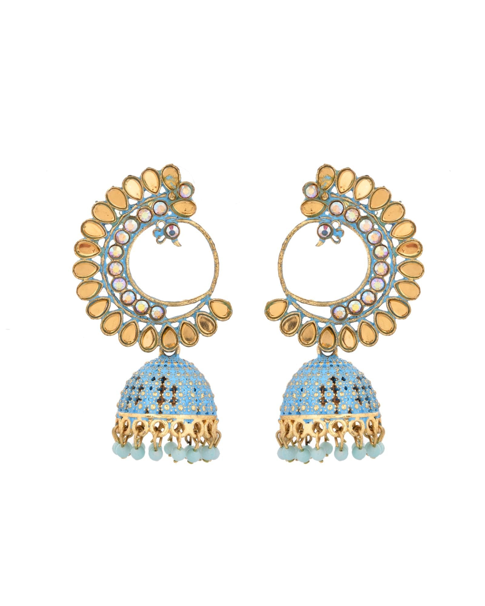 Jewels Nest Gold Plated Kundan Style Blue Jhumka Earrings With Bead Drops For Women | Grocsy