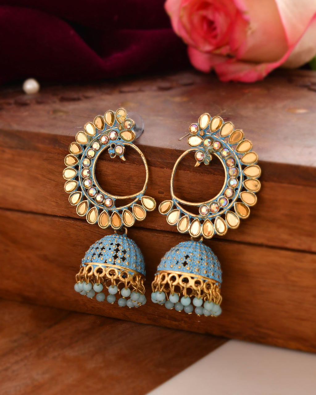 Jewels Nest Gold Plated Kundan Style Blue Jhumka Earrings With Bead Drops For Women | Grocsy