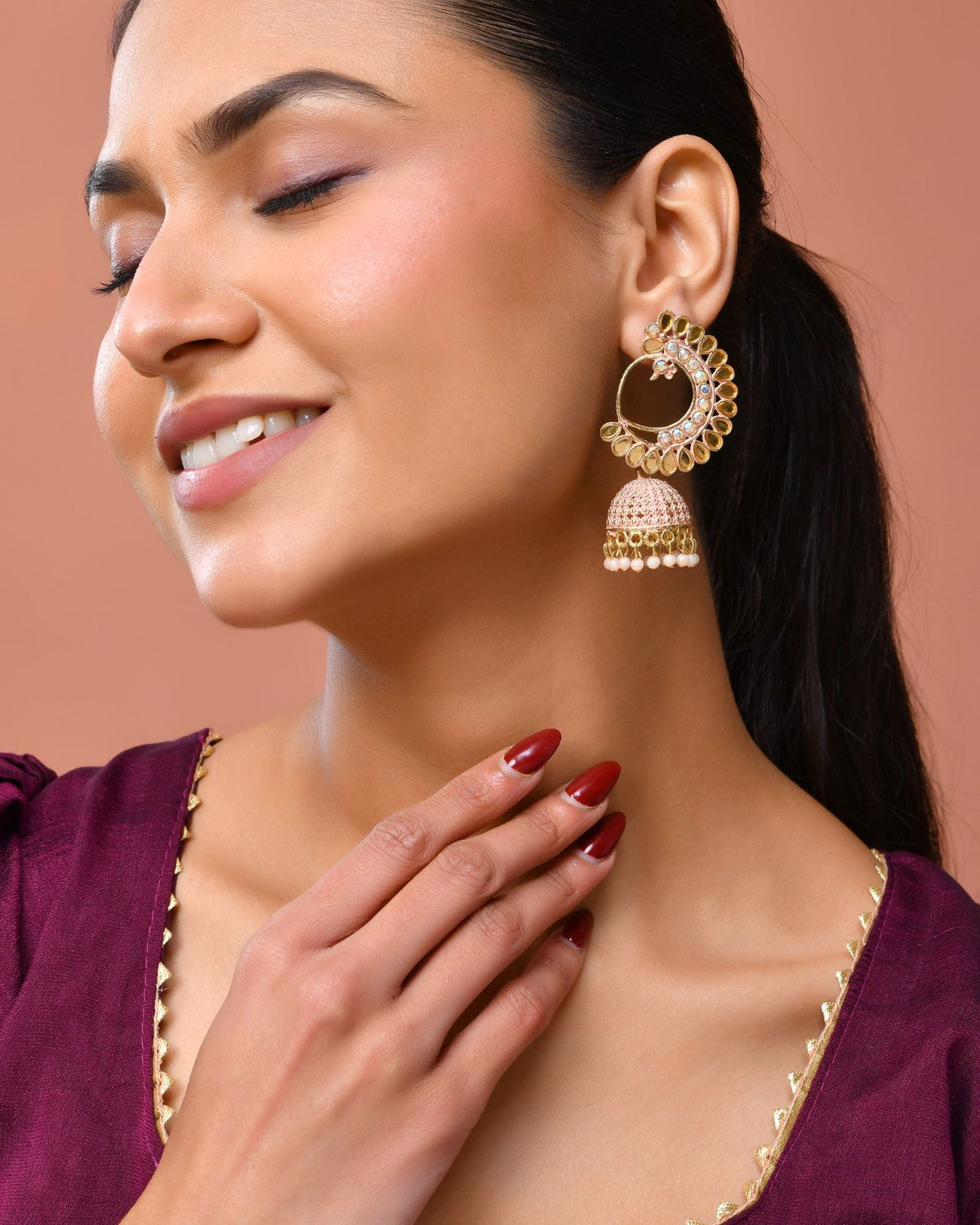 Jewels Nest Gold Plated Kundan Style Pink Jhumka Earrings With Pearl Bead Drops For Women | Grocsy