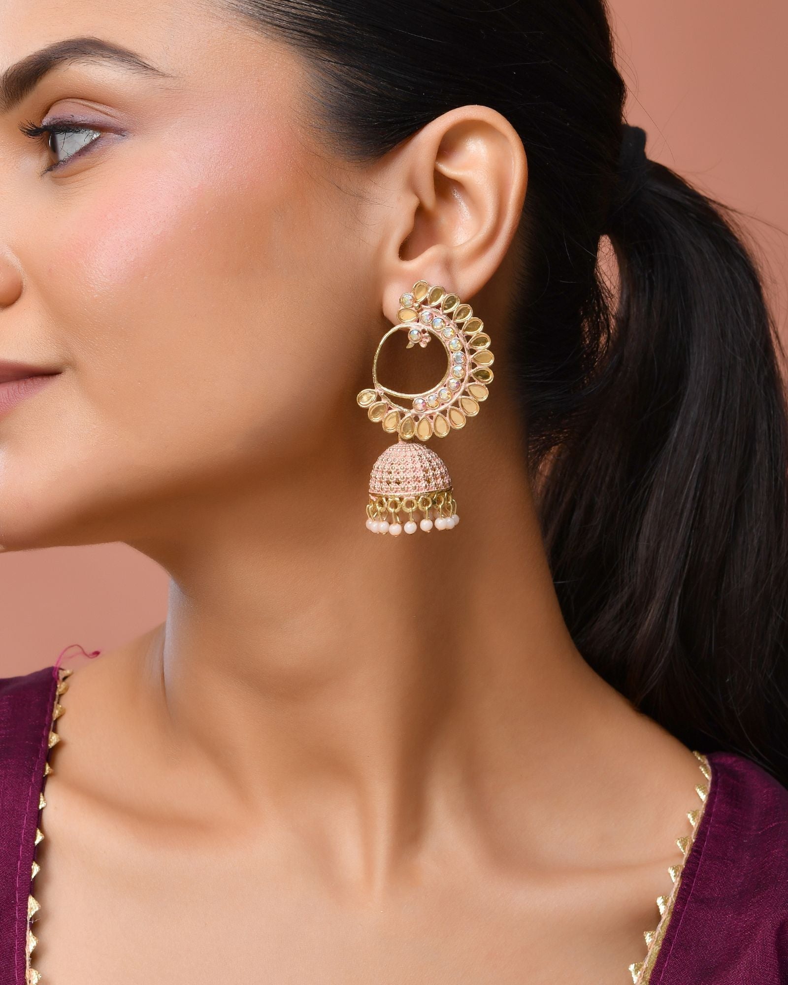 Jewels Nest Gold Plated Kundan Style Pink Jhumka Earrings With Pearl Bead Drops For Women | Grocsy