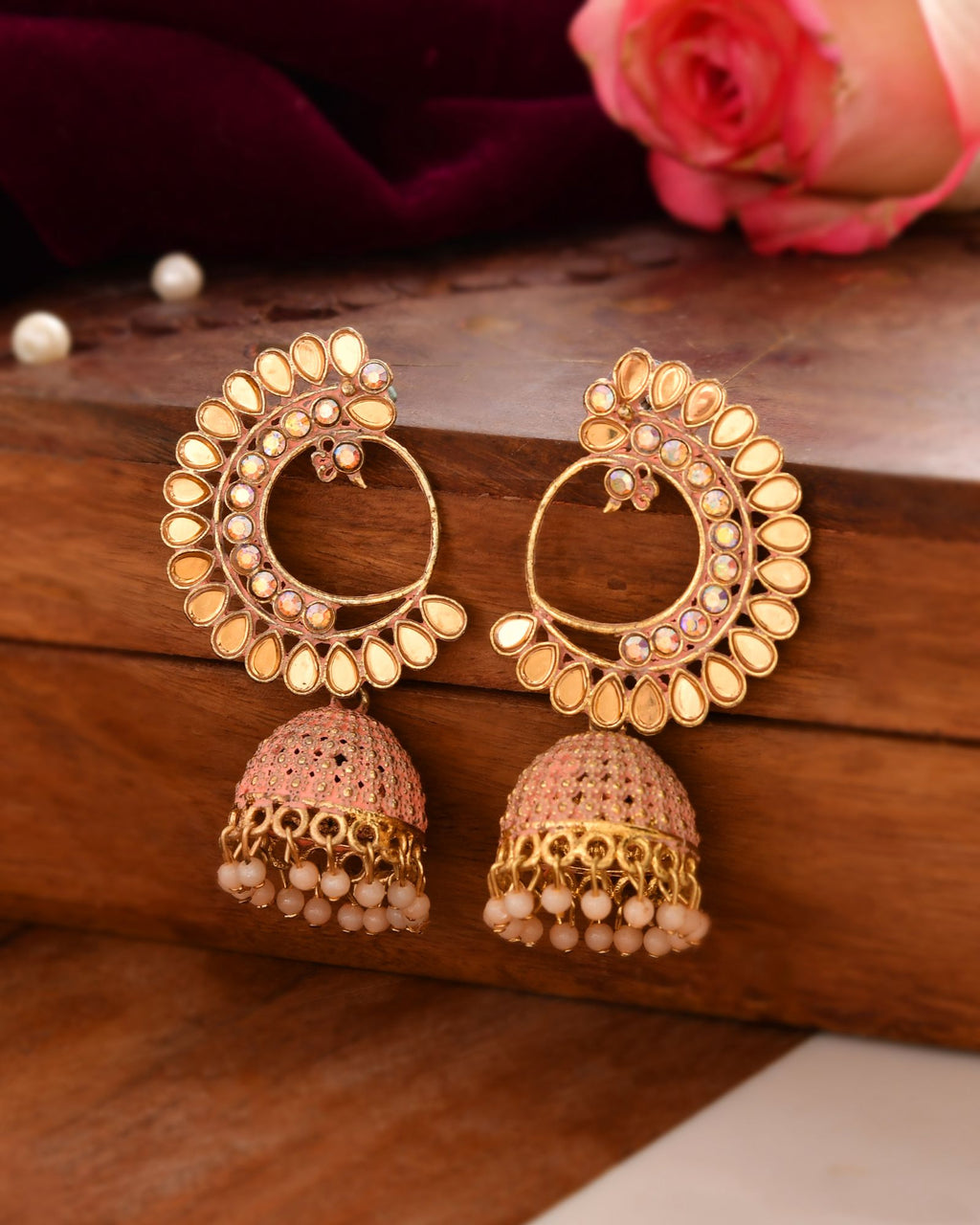 Jewels Nest Gold Plated Kundan Style Pink Jhumka Earrings With Pearl Bead Drops For Women | Grocsy