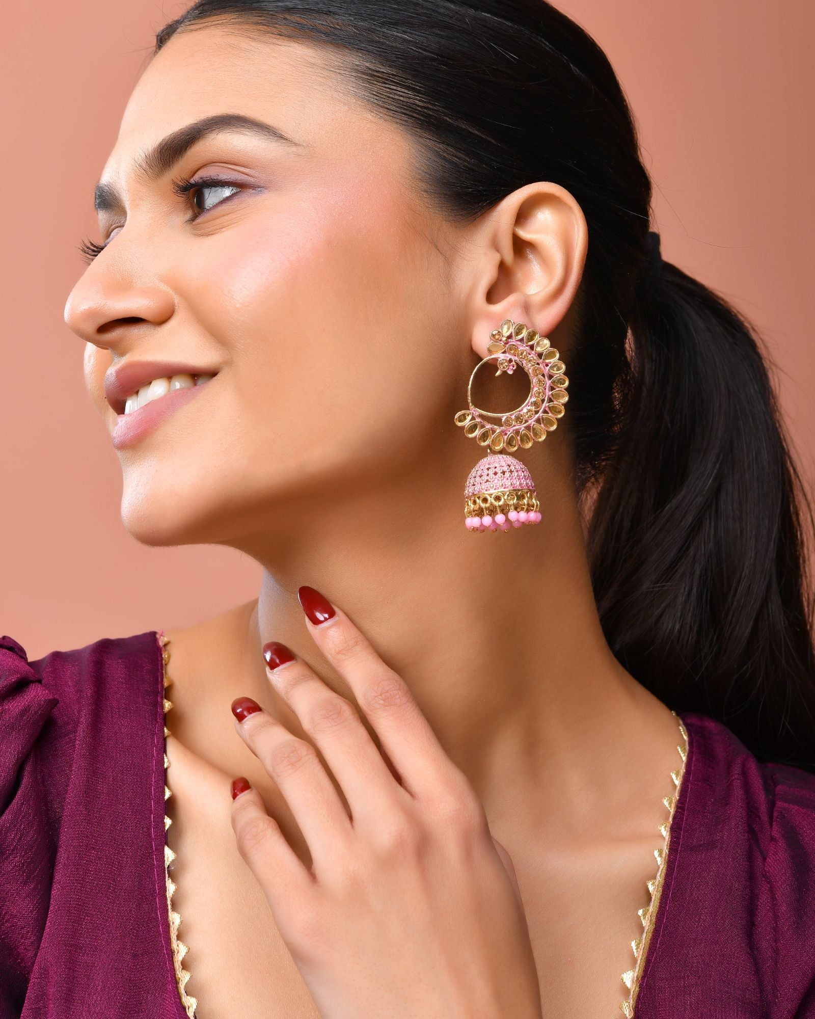 Jewels Nest Gold Plated Kundan Style Light Pink Jhumka Earrings With Bead Drops For Women | Grocsy