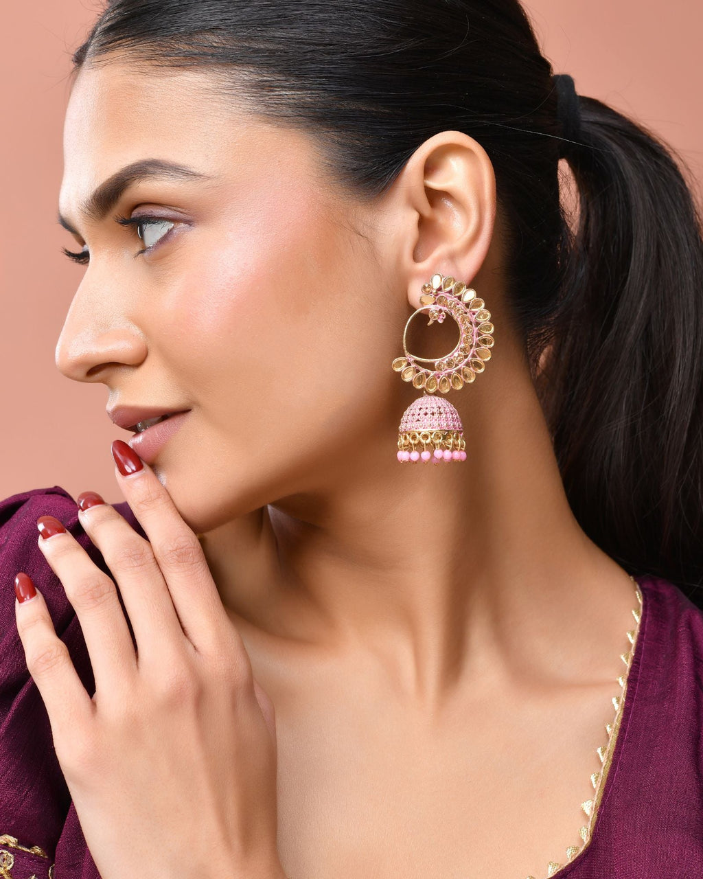 Jewels Nest Gold Plated Kundan Style Light Pink Jhumka Earrings With Bead Drops For Women | Grocsy