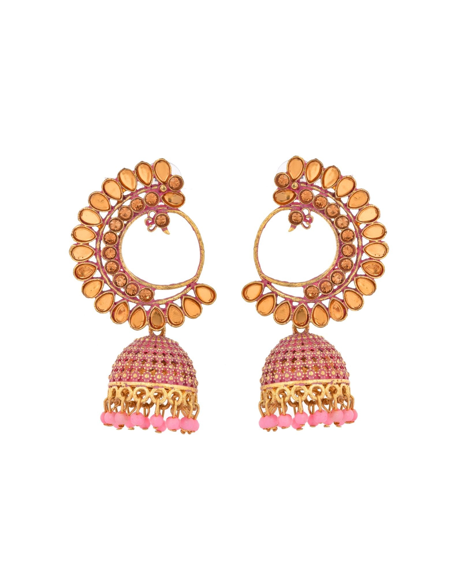 Jewels Nest Gold Plated Kundan Style Light Pink Jhumka Earrings With Bead Drops For Women | Grocsy