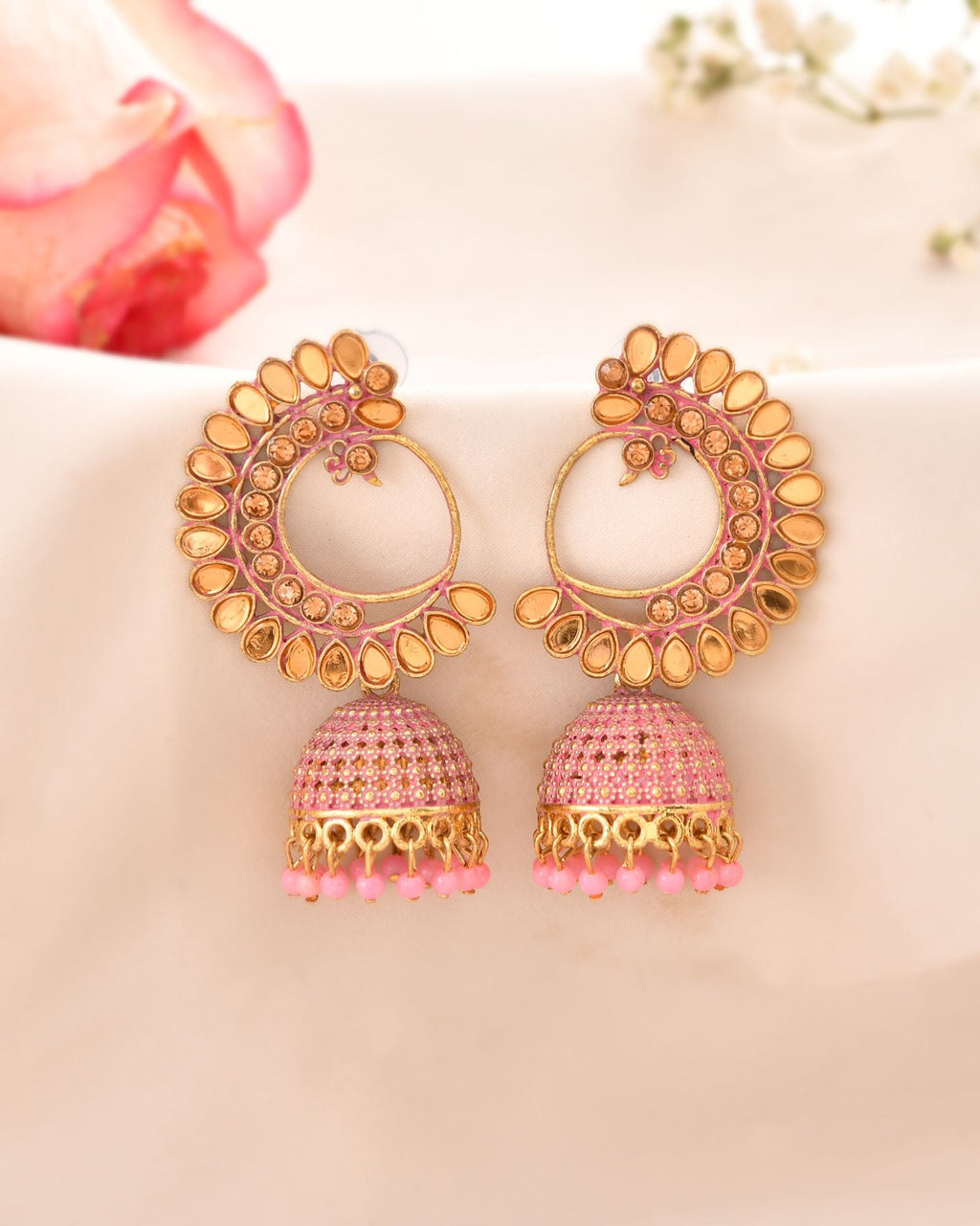Jewels Nest Gold Plated Kundan Style Light Pink Jhumka Earrings With Bead Drops For Women | Grocsy