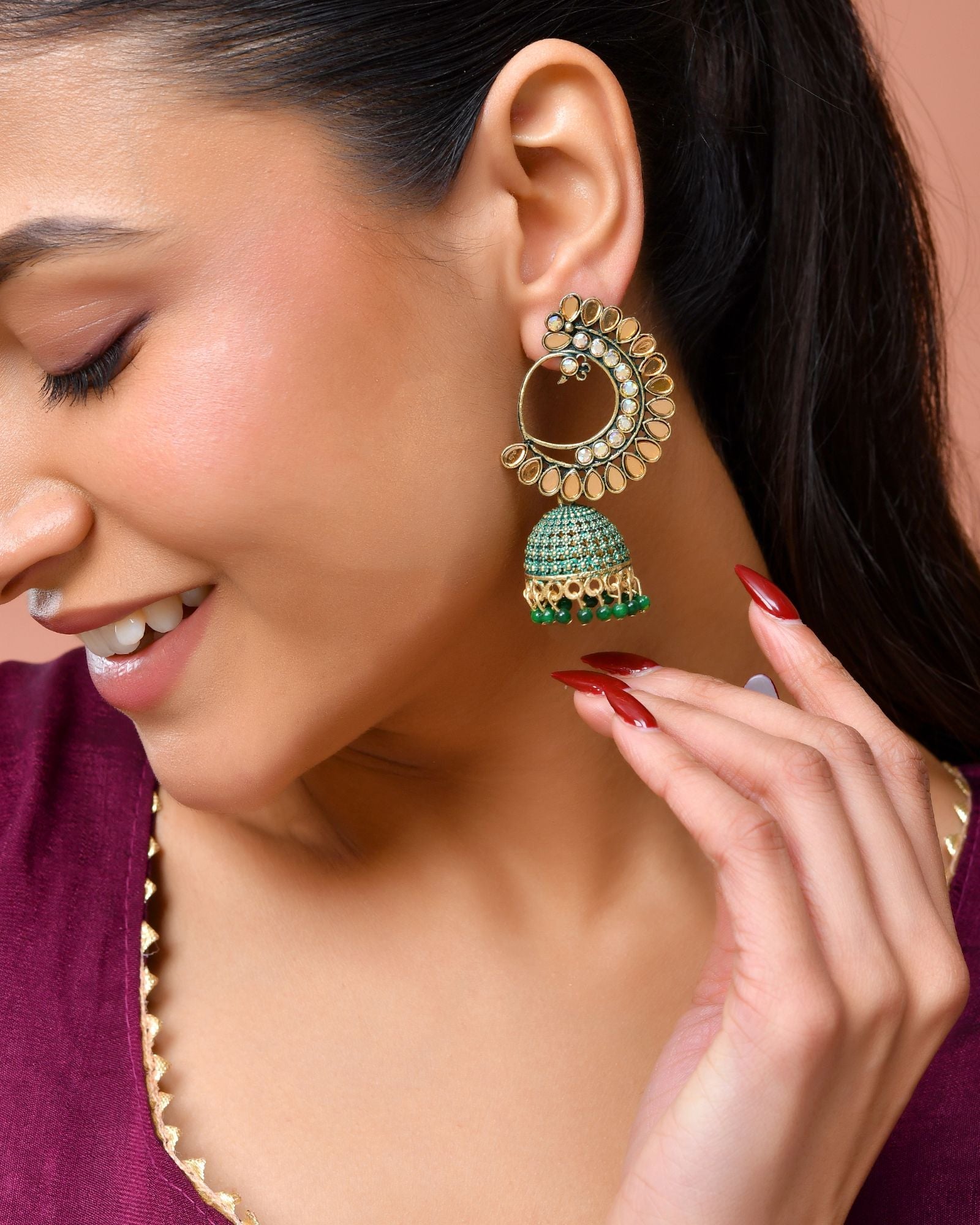 Jewels Nest Gold Plated Kundan Style Green Jhumka Earrings With Bead Drops For Women | Grocsy