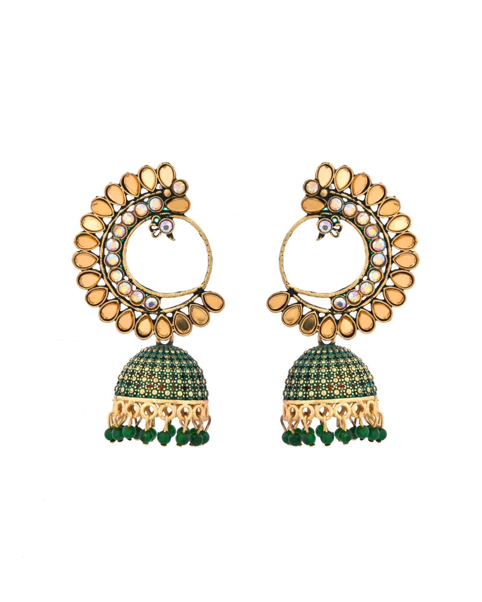 Jewels Nest Gold Plated Kundan Style Green Jhumka Earrings With Bead Drops For Women | Grocsy