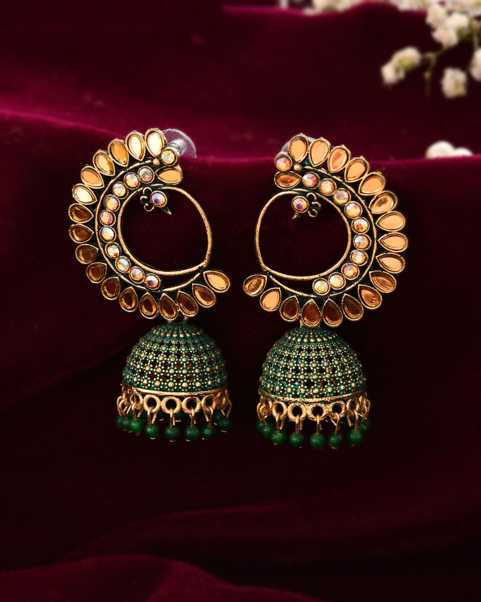 Jewels Nest Gold Plated Kundan Style Green Jhumka Earrings With Bead Drops For Women | Grocsy