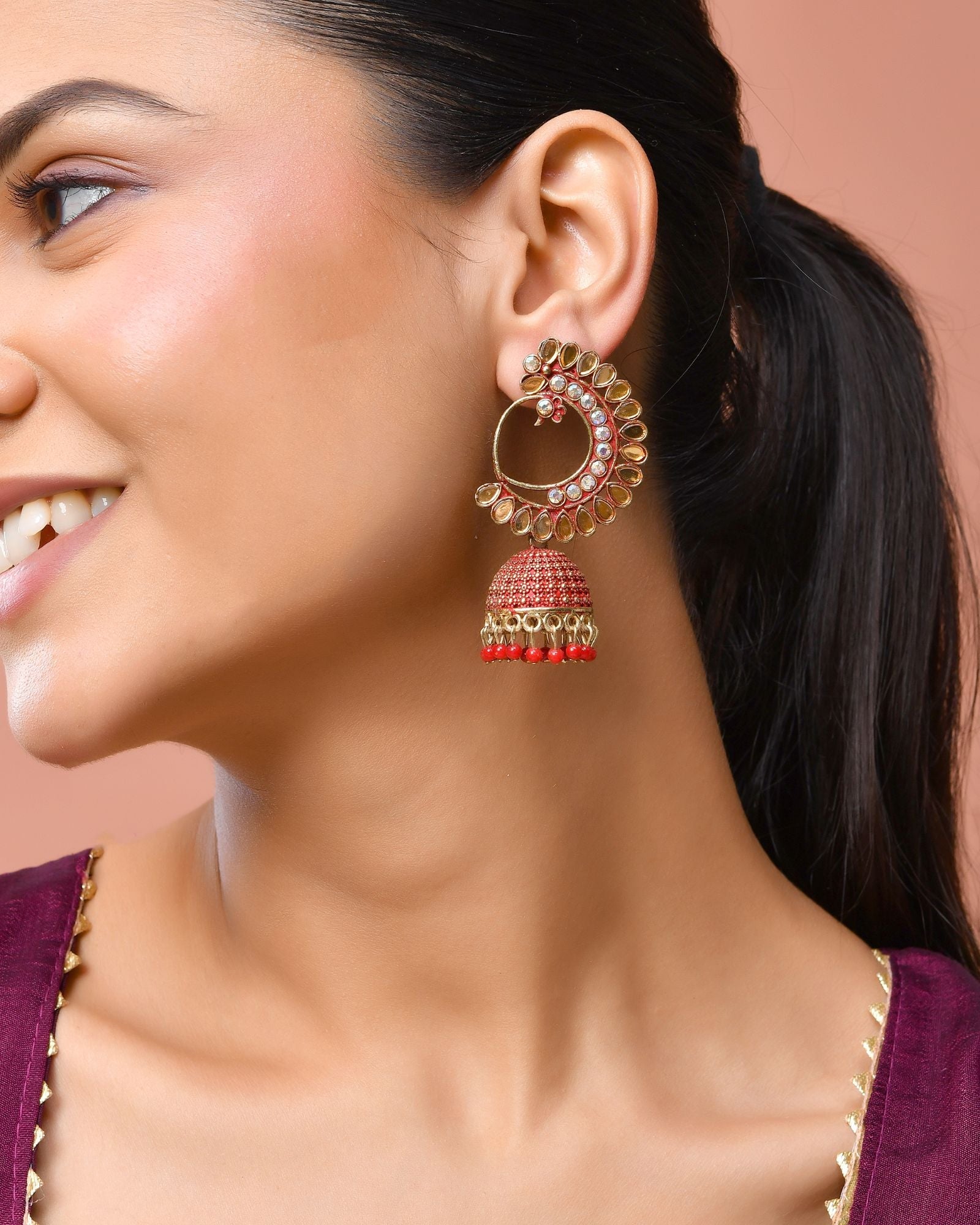 Jewels Nest Gold Plated Kundan Style Red Beaded Jhumka Earrings For Women | Grocsy