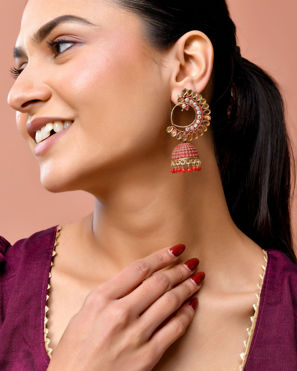 Jewels Nest Gold Plated Kundan Style Red Beaded Jhumka Earrings For Women | Grocsy
