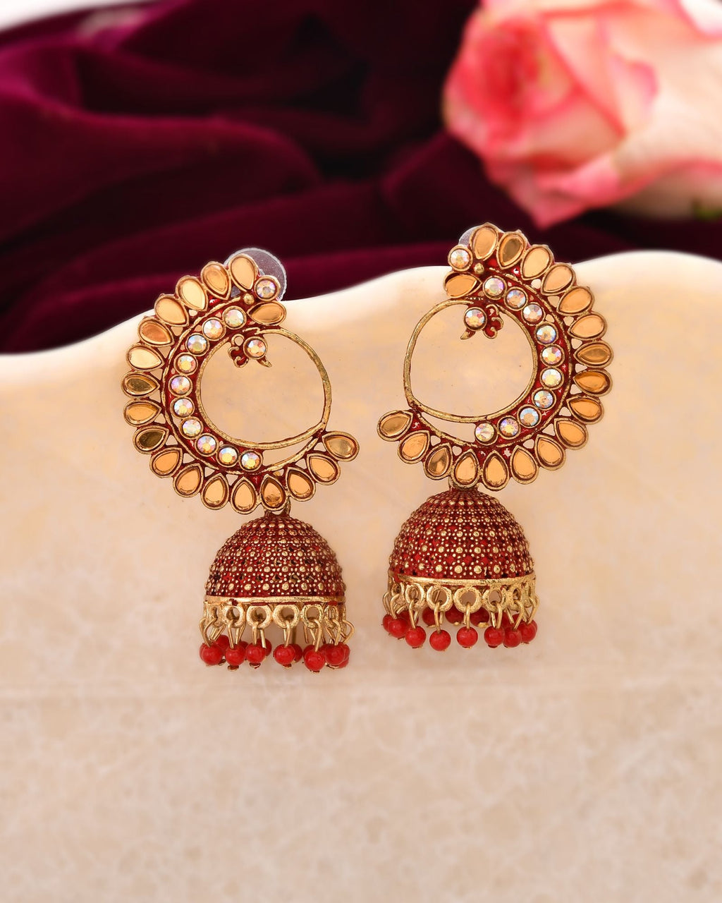 Jewels Nest Gold Plated Kundan Style Red Beaded Jhumka Earrings For Women | Grocsy