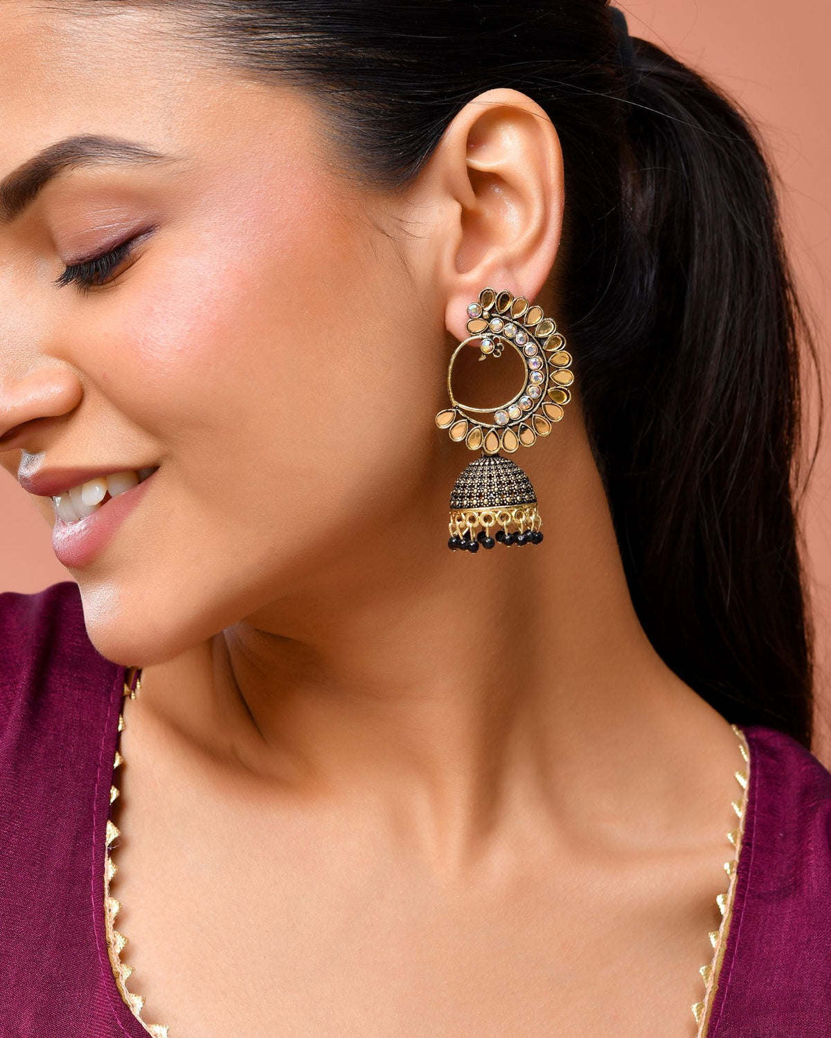 Jewels Nest Gold Plated Kundan Style Black Beaded Jhumka Earrings For Women | Grocsy