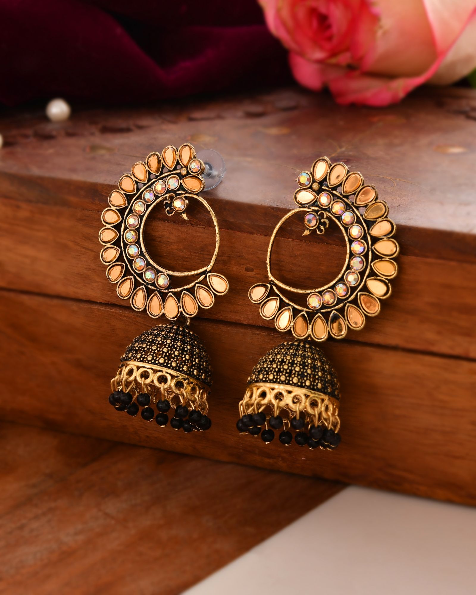 Jewels Nest Gold Plated Kundan Style Black Beaded Jhumka Earrings For Women | Grocsy
