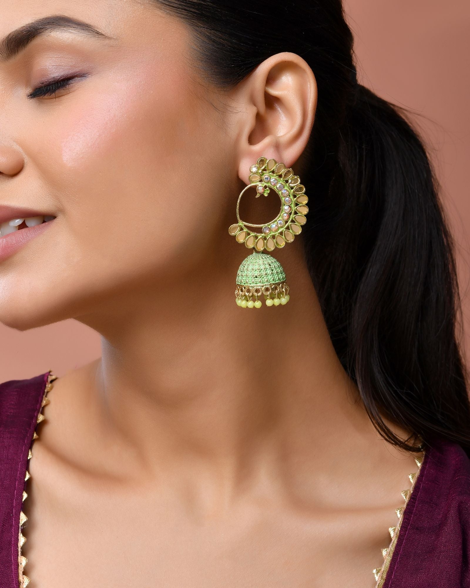 Jewels Nest Gold Plated Kundan Style Green Beaded Jhumka Earrings For Women | Grocsy