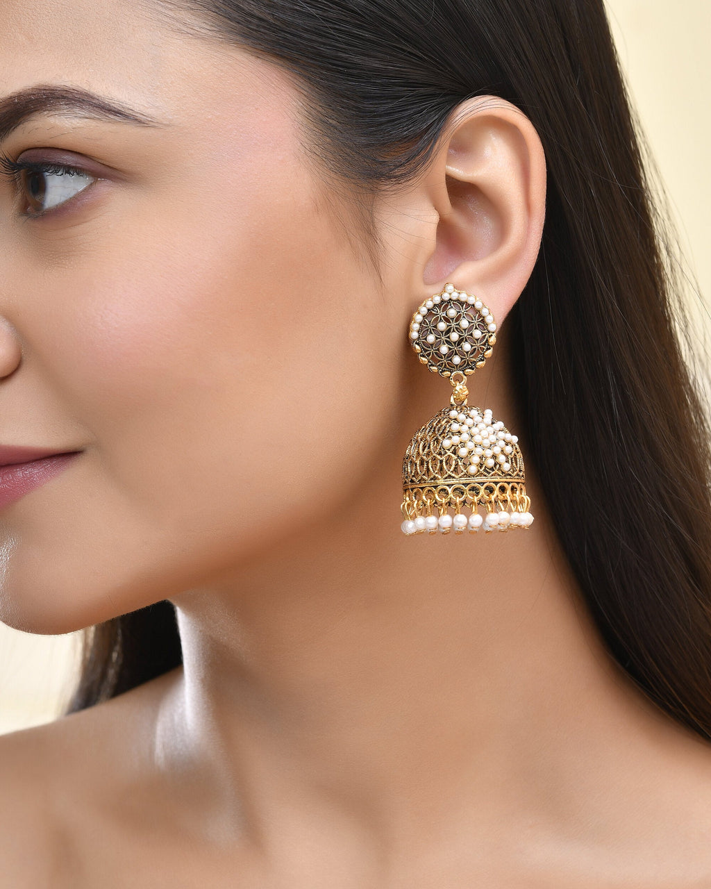 Jewels Nest Gold-Polished Pearl Jhumka Earrings – Traditional Ethnic Design