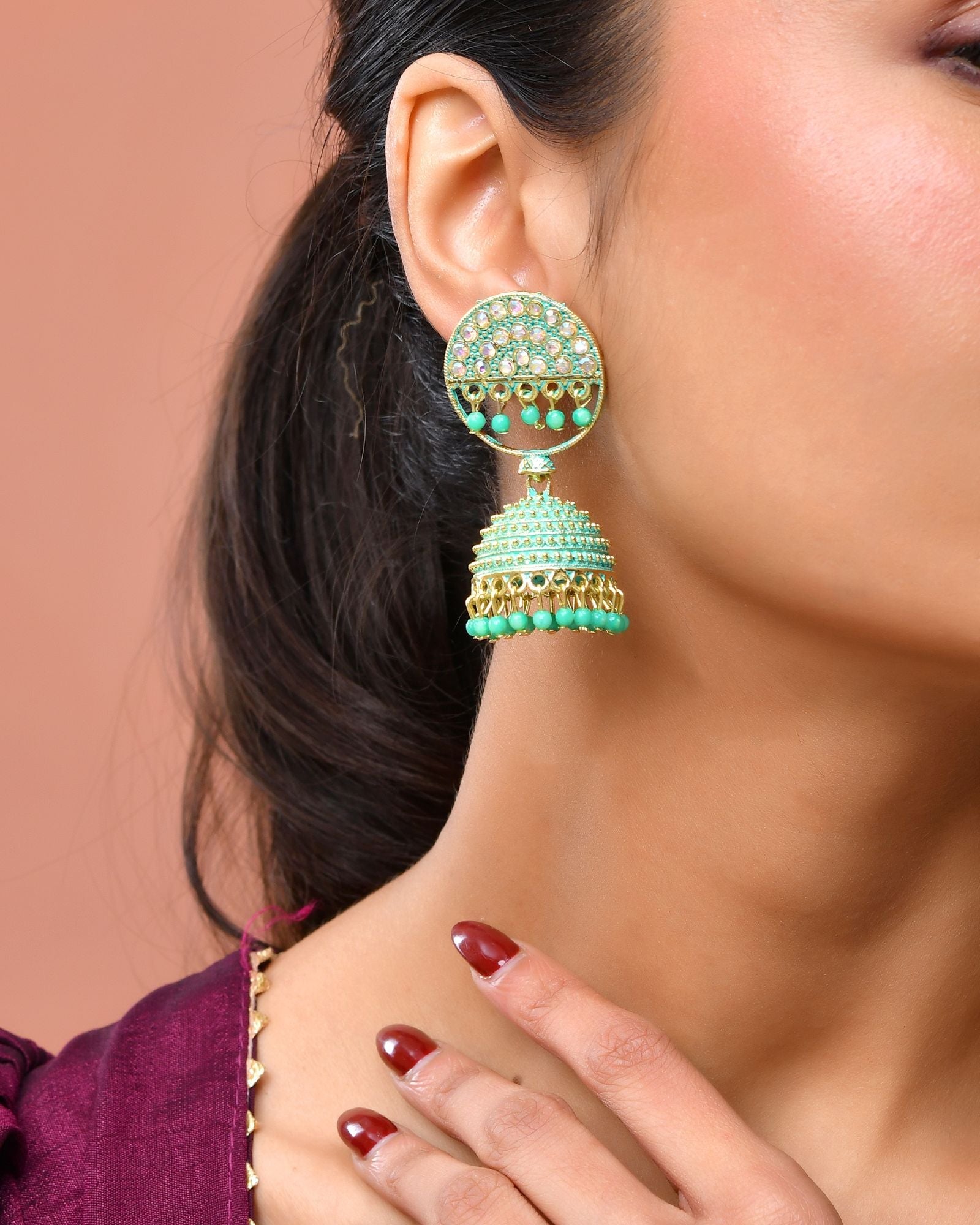 Jewels Nest Gold Plated Kundan Green Dome Jhumka Earrings With Beads For Women | Grocsy