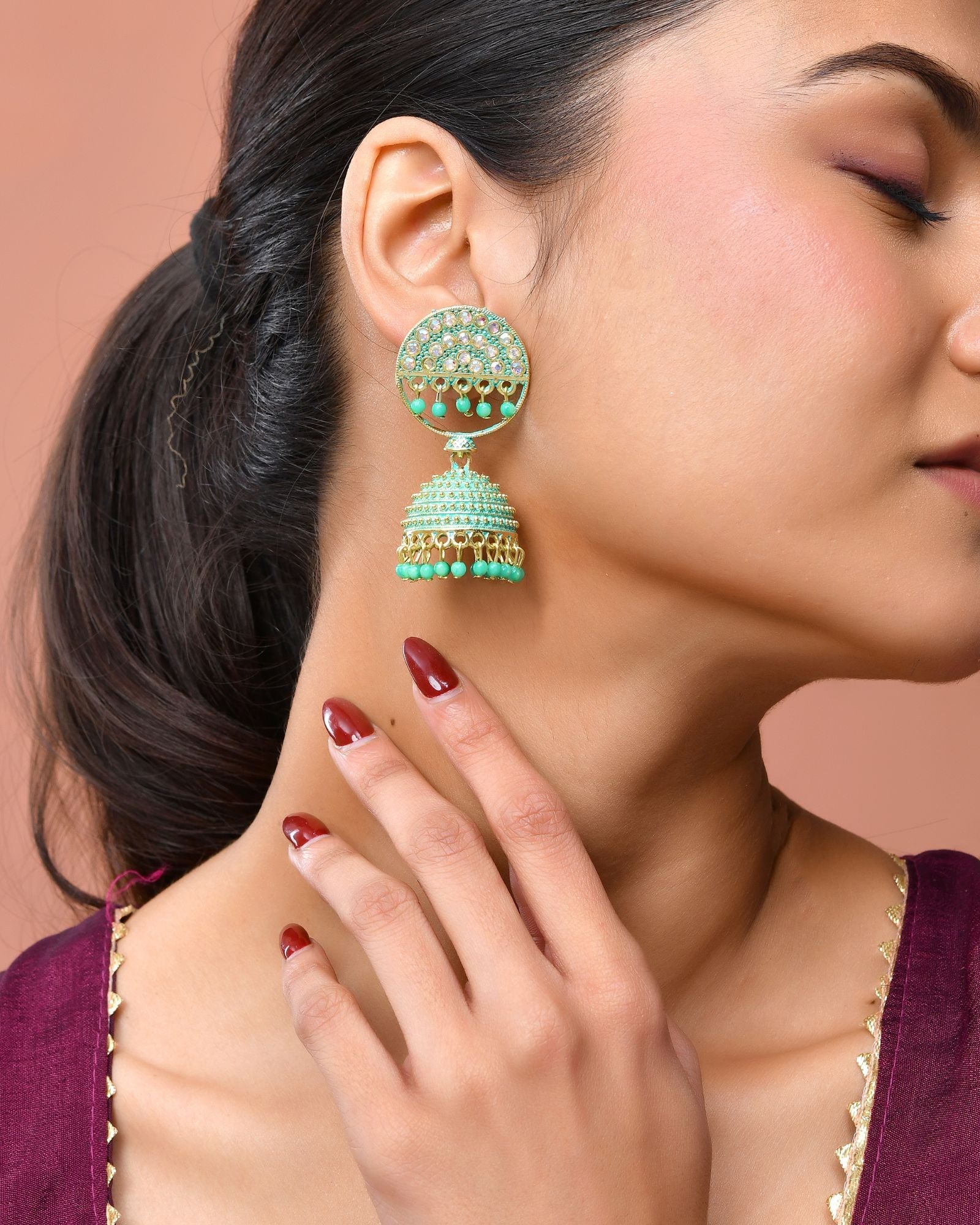 Jewels Nest Gold Plated Kundan Green Dome Jhumka Earrings With Beads For Women | Grocsy