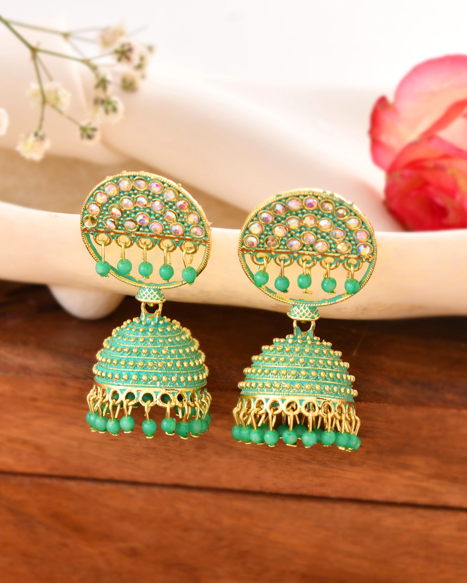 Jewels Nest Gold Plated Kundan Green Dome Jhumka Earrings With Beads For Women | Grocsy