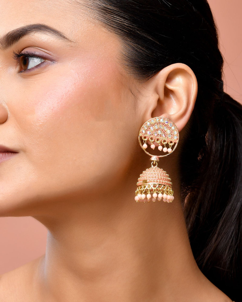 Jewels Nest Gold Plated Kundan Peach Dome Jhumka Earrings With Beads For Women | Grocsy