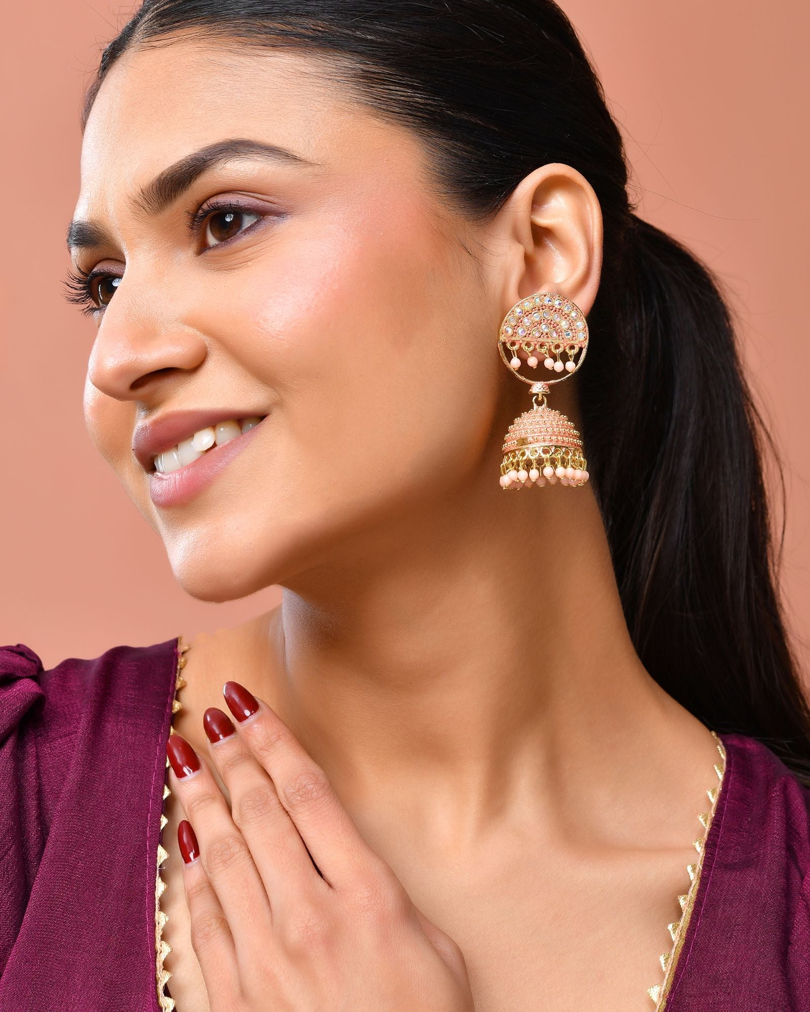 Jewels Nest Gold Plated Kundan Peach Dome Jhumka Earrings With Beads For Women | Grocsy