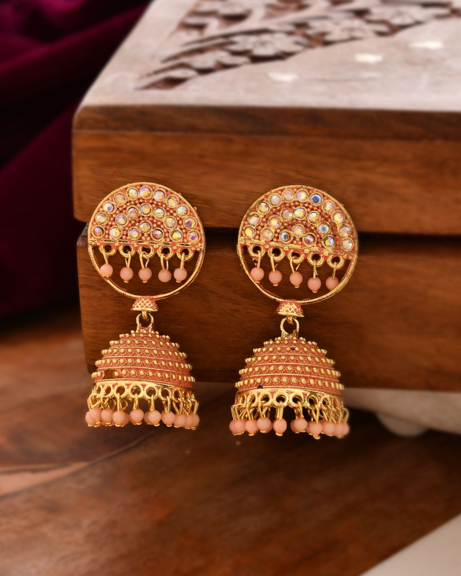 Jewels Nest Gold Plated Kundan Peach Dome Jhumka Earrings With Beads For Women | Grocsy