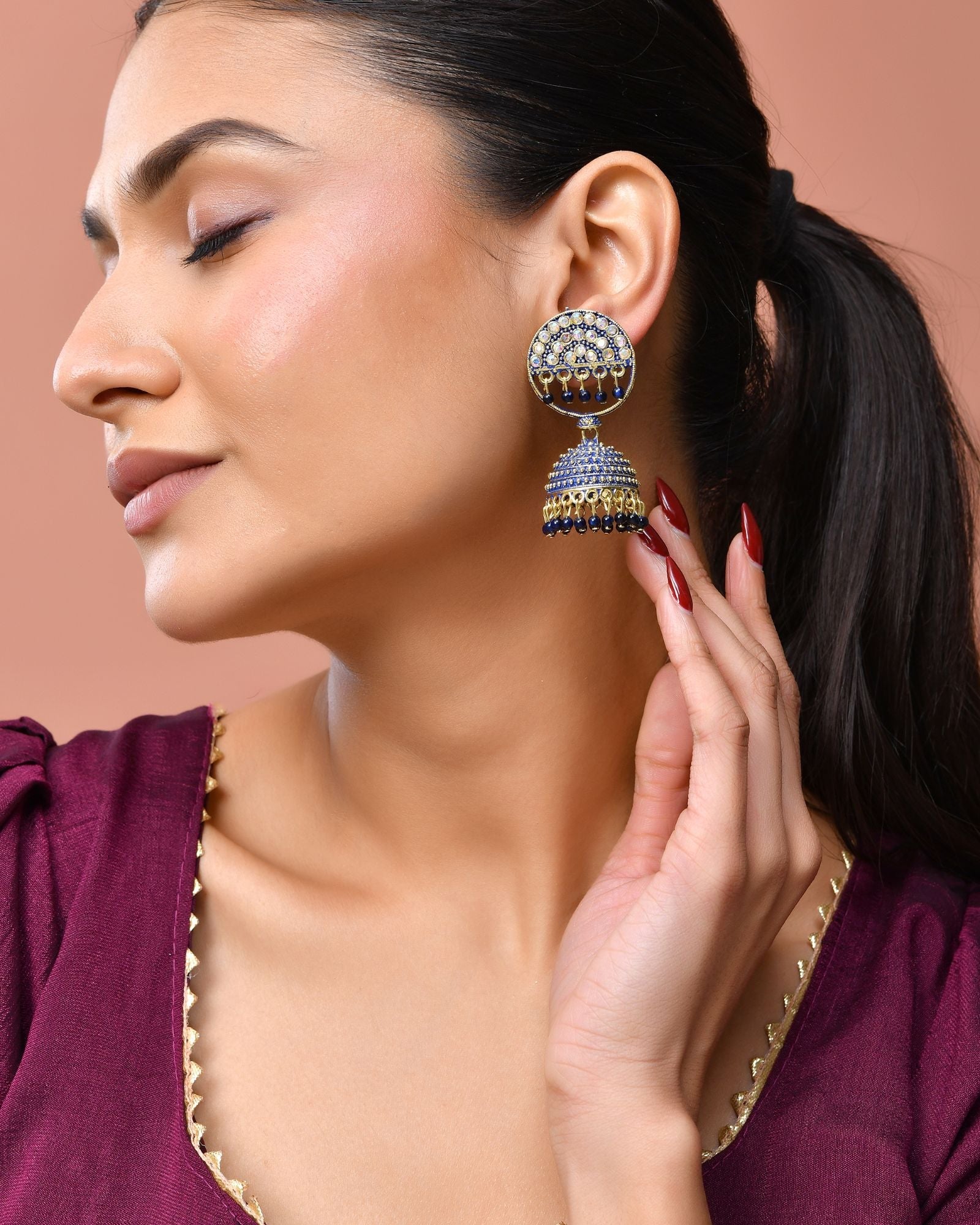 Jewels Nest Gold Plated Kundan Dark Blue Dome Jhumka Earrings With Beads For Women | Grocsy
