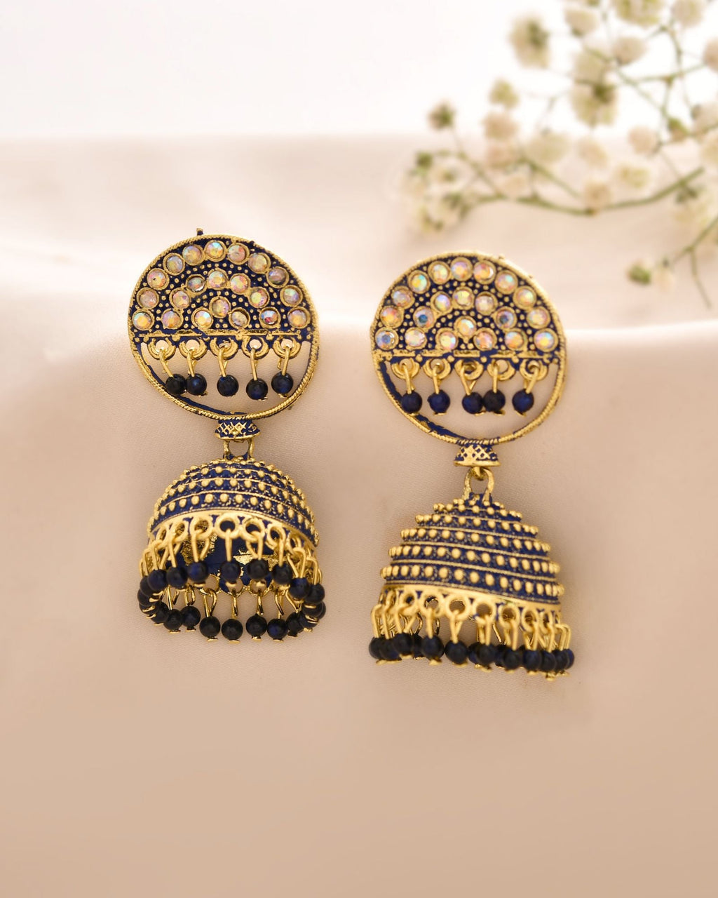 Jewels Nest Gold Plated Kundan Dark Blue Dome Jhumka Earrings With Beads For Women | Grocsy