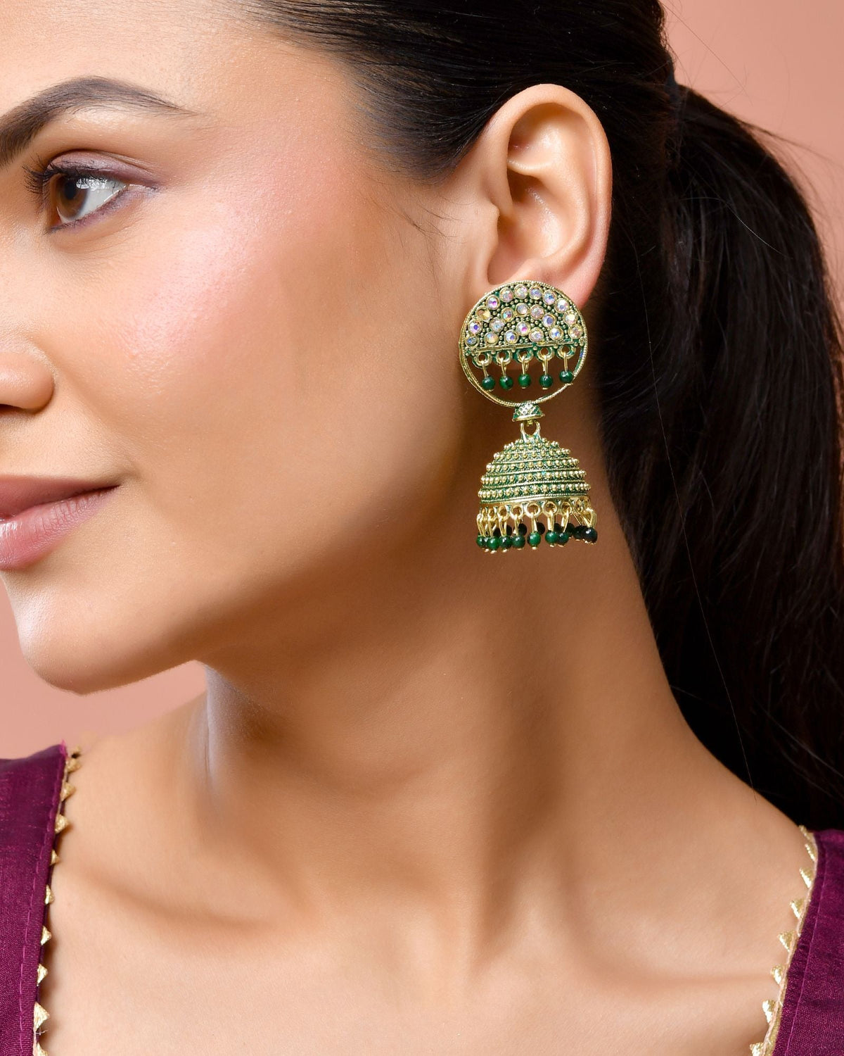 Jewels Nest Gold Plated Kundan Green Dome Jhumka Earrings With Beads For Women | Grocsy