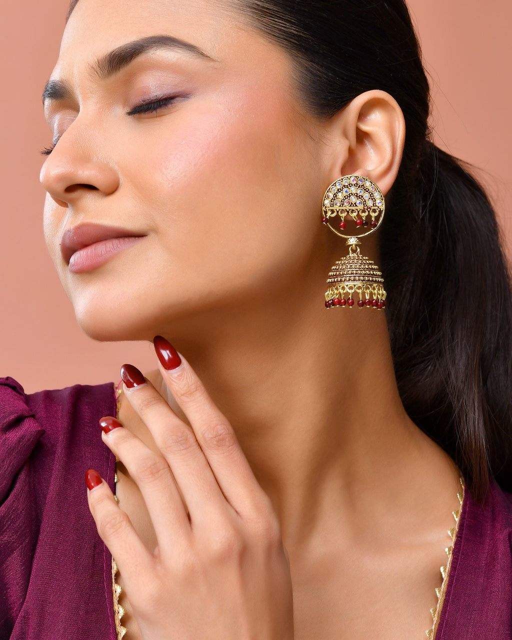 Jewels Nest Gold Plated Kundan Studded Maroon Bead Jhumka Earrings For Women | Grocsy