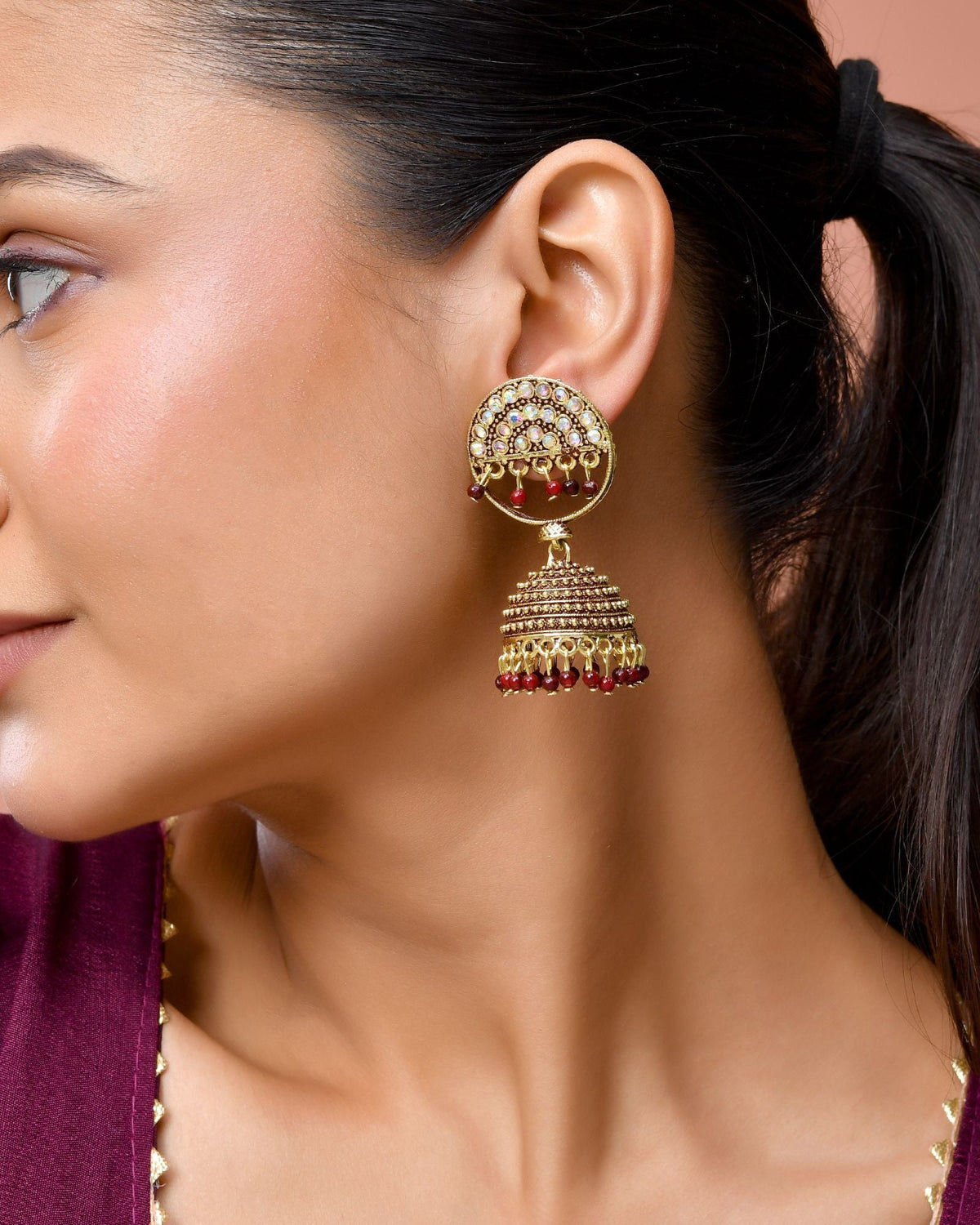 Jewels Nest Gold Plated Kundan Studded Maroon Bead Jhumka Earrings For Women | Grocsy