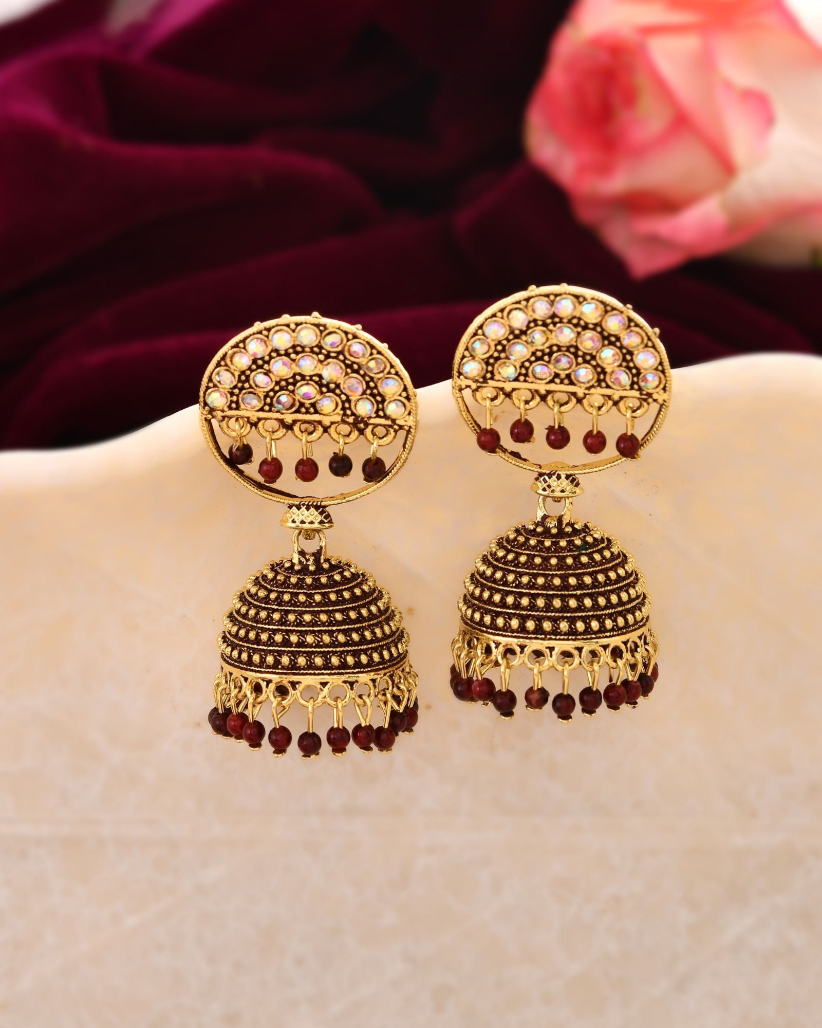 Jewels Nest Gold Plated Kundan Studded Maroon Bead Jhumka Earrings For Women | Grocsy
