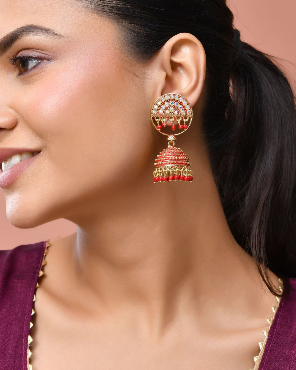 Jewels Nest Gold Plated Kundan Studded Red Bead Jhumka Earrings For Women | Grocsy