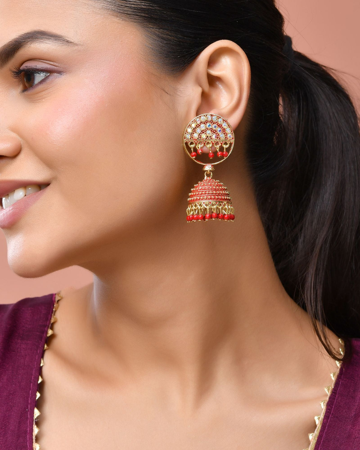 Jewels Nest Gold Plated Kundan Studded Red Bead Jhumka Earrings For Women | Grocsy