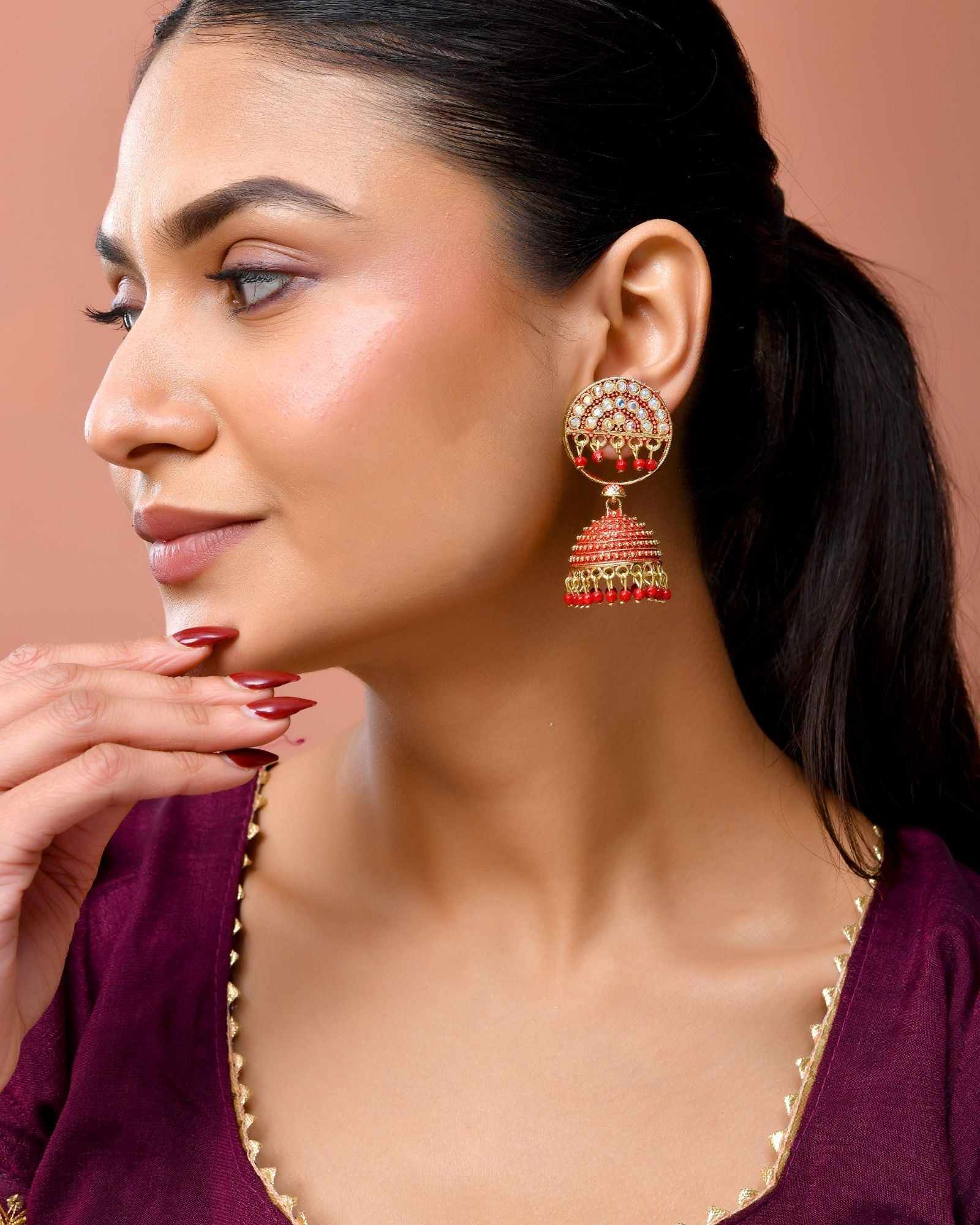 Jewels Nest Gold Plated Kundan Studded Red Bead Jhumka Earrings For Women | Grocsy
