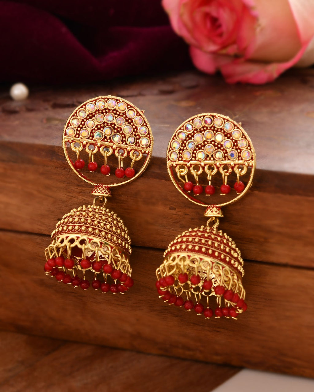 Jewels Nest Gold Plated Kundan Studded Red Bead Jhumka Earrings For Women | Grocsy