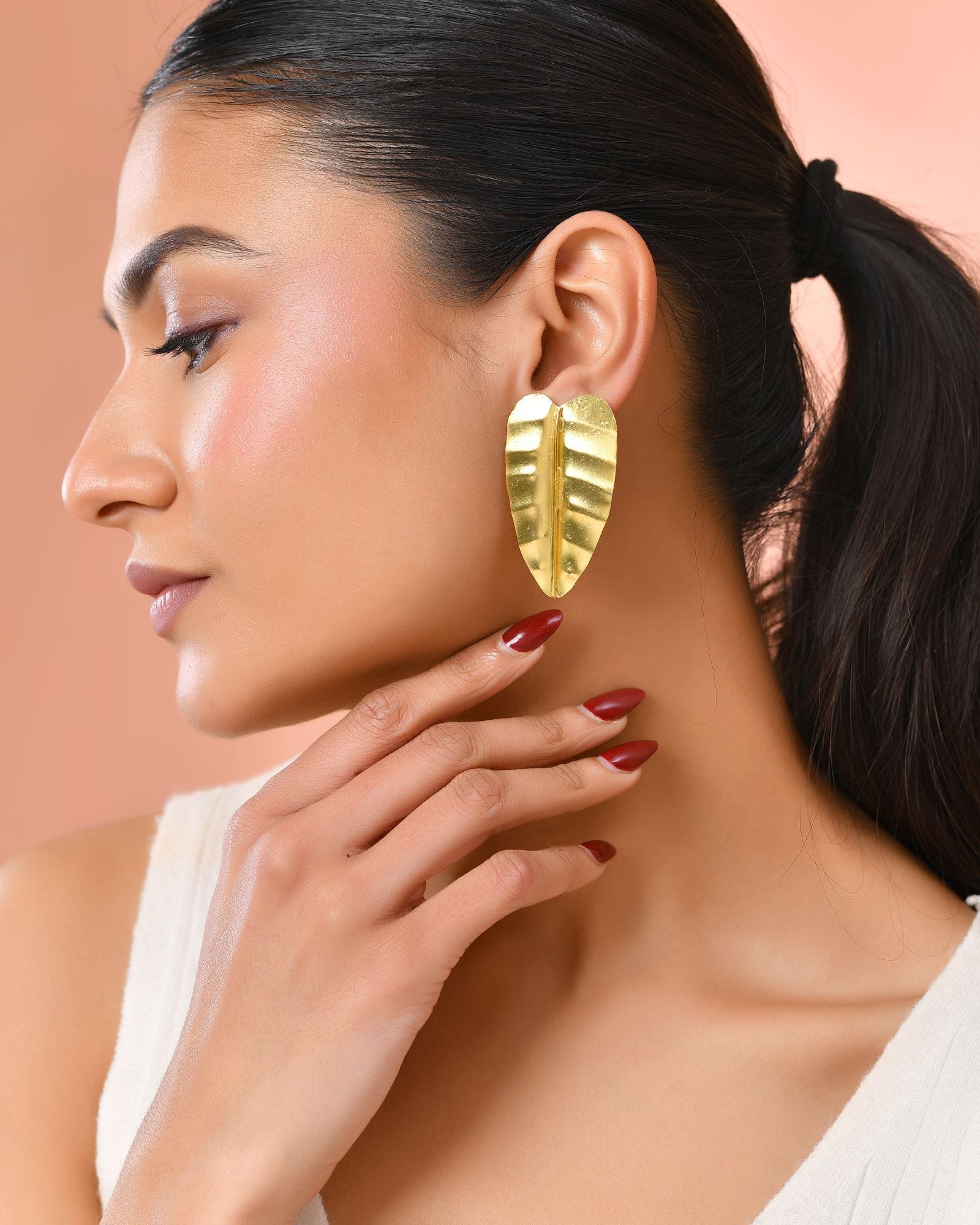 Jewels Nest Gold Leaf Textured Statement Stud Earrings For Women | Grocsy