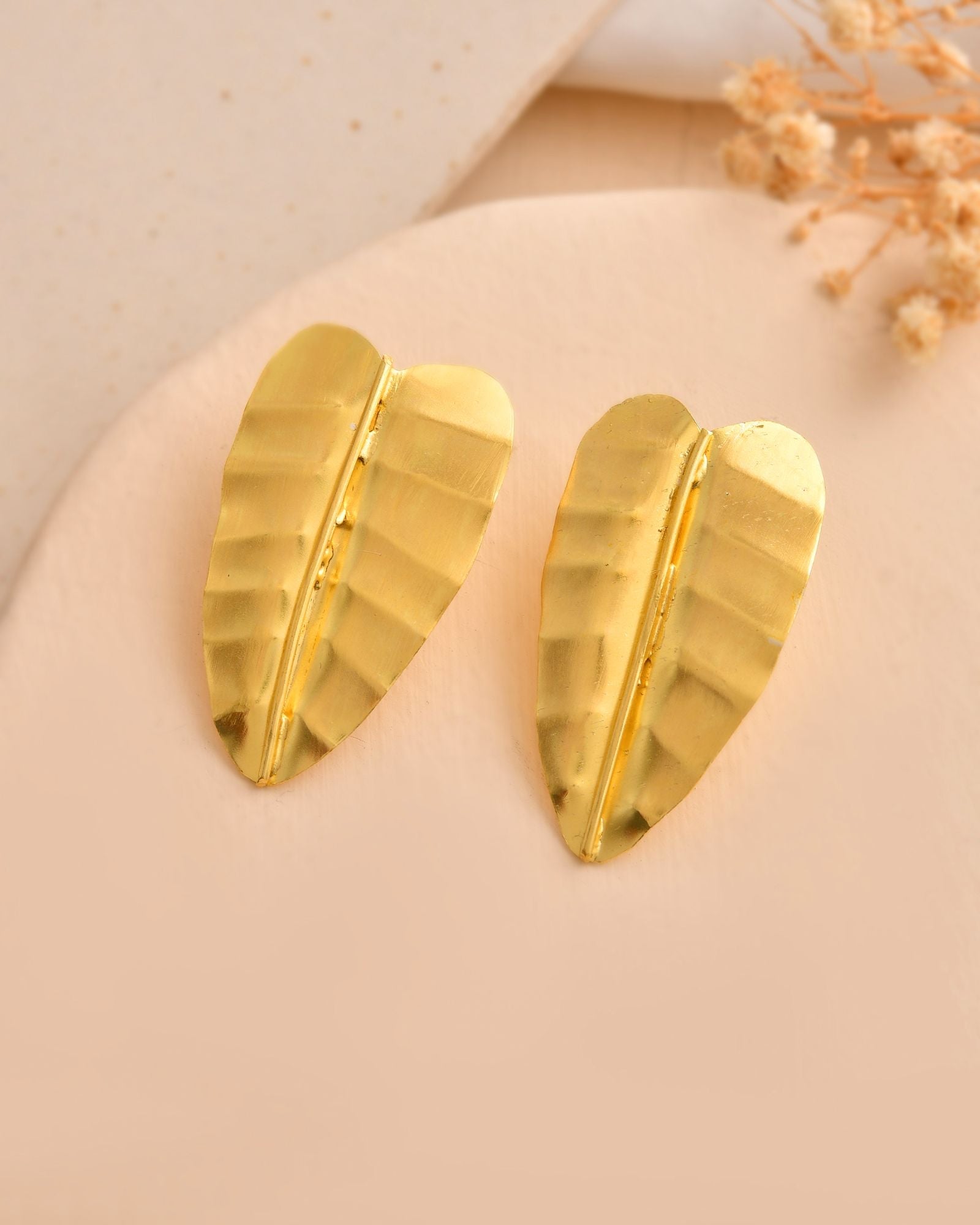 Jewels Nest Gold Leaf Textured Statement Stud Earrings For Women | Grocsy