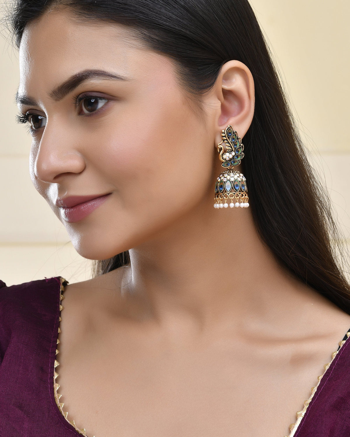 Jewels Nest Peacock-Inspired Gold-Polished Jhumka Earrings with Multicolor Stones | Grocsy