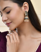 Jewels Nest Peacock-Inspired Gold-Polished Jhumka Earrings with Multicolor Stones | Grocsy