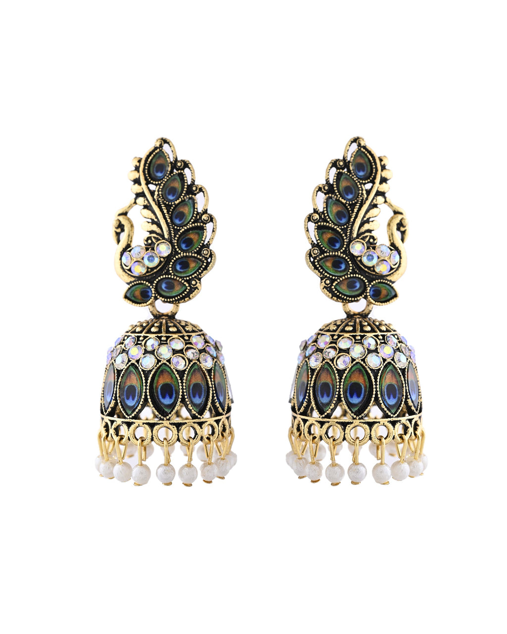 Jewels Nest Peacock-Inspired Gold-Polished Jhumka Earrings with Multicolor Stones | Grocsy