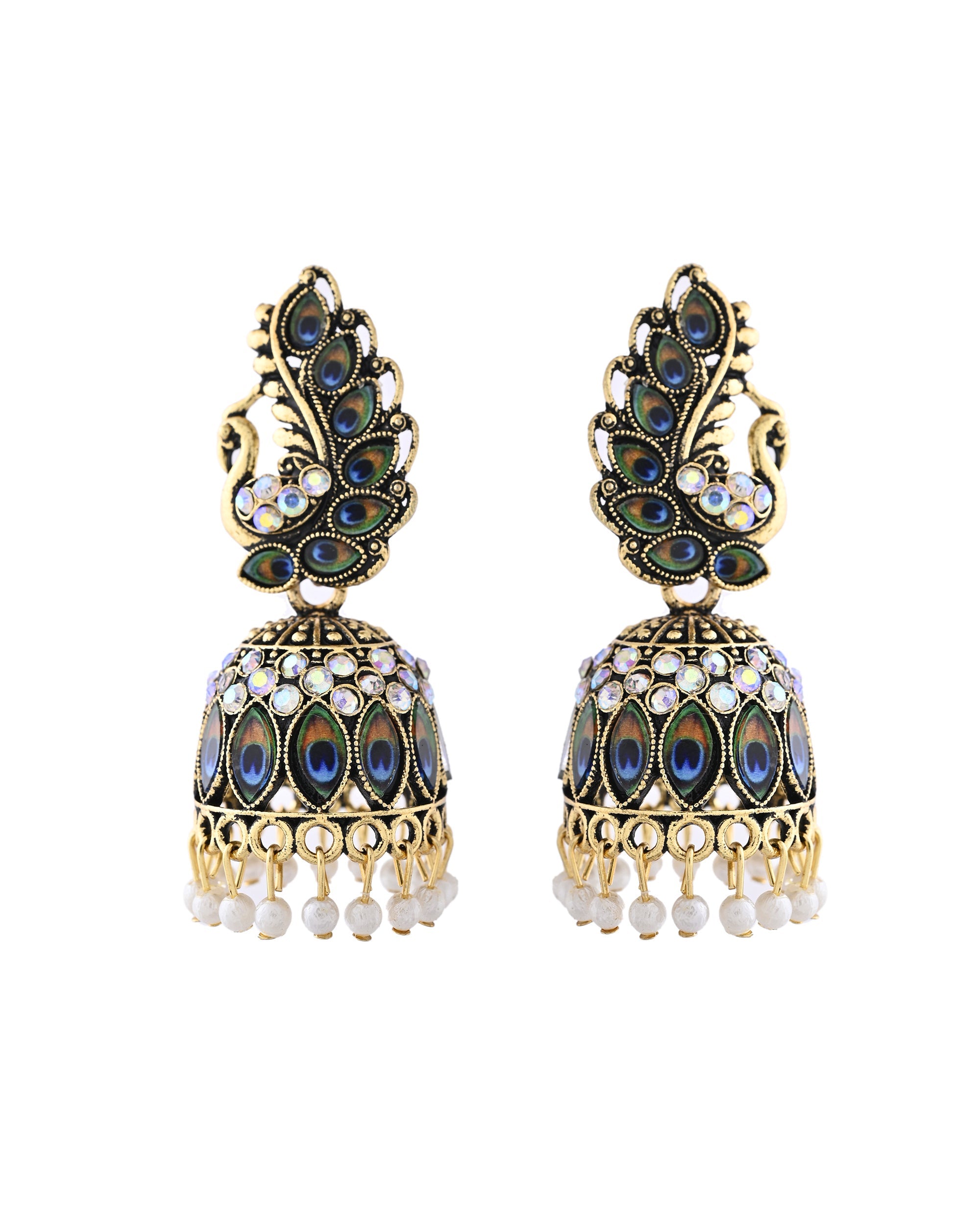 Jewels Nest Peacock-Inspired Gold-Polished Jhumka Earrings with Multicolor Stones | Grocsy