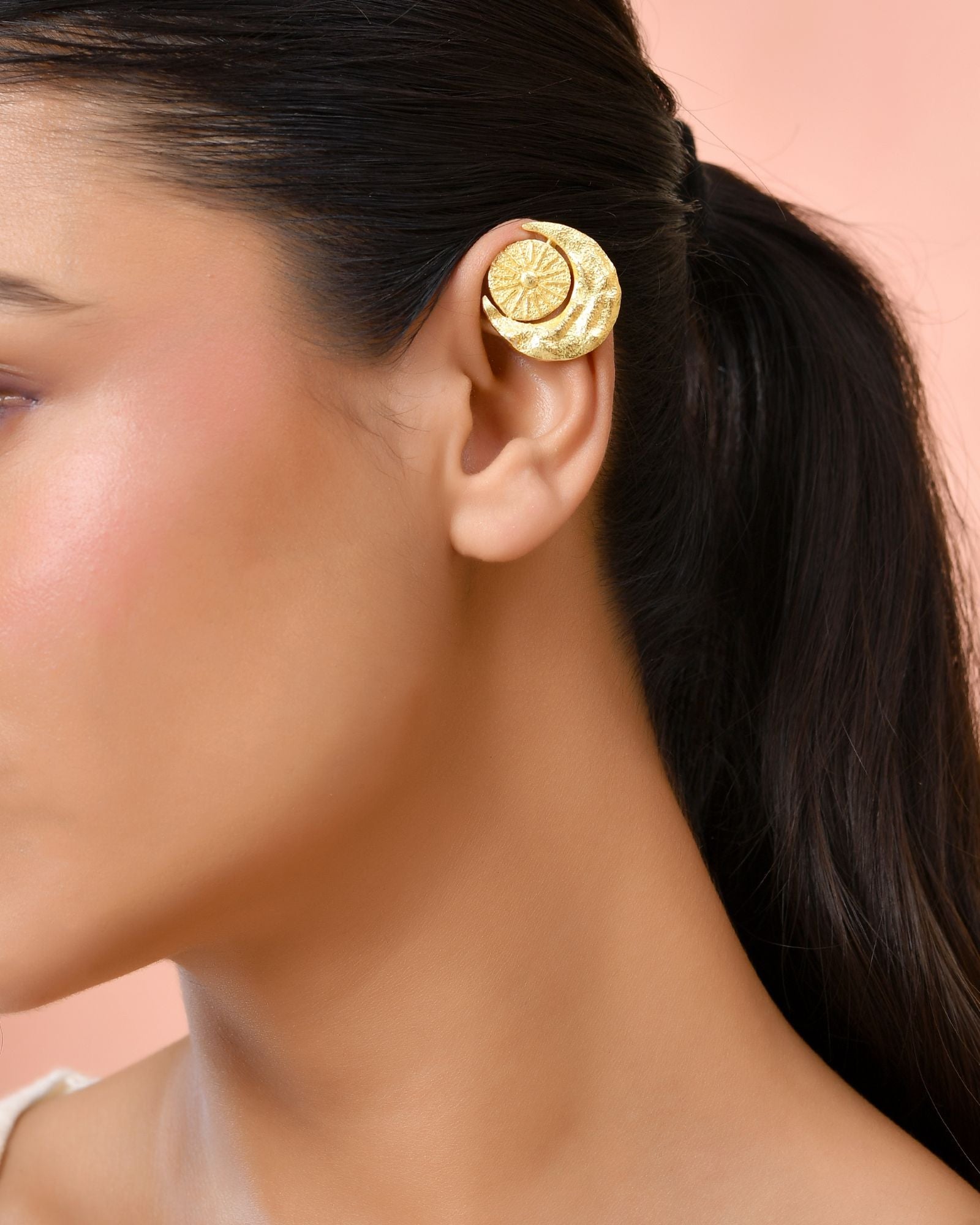 Jewels Nest Gold-Tone Textured Spiral Ear Cuff For Women | Modern Statement Jewellery | Grocsy