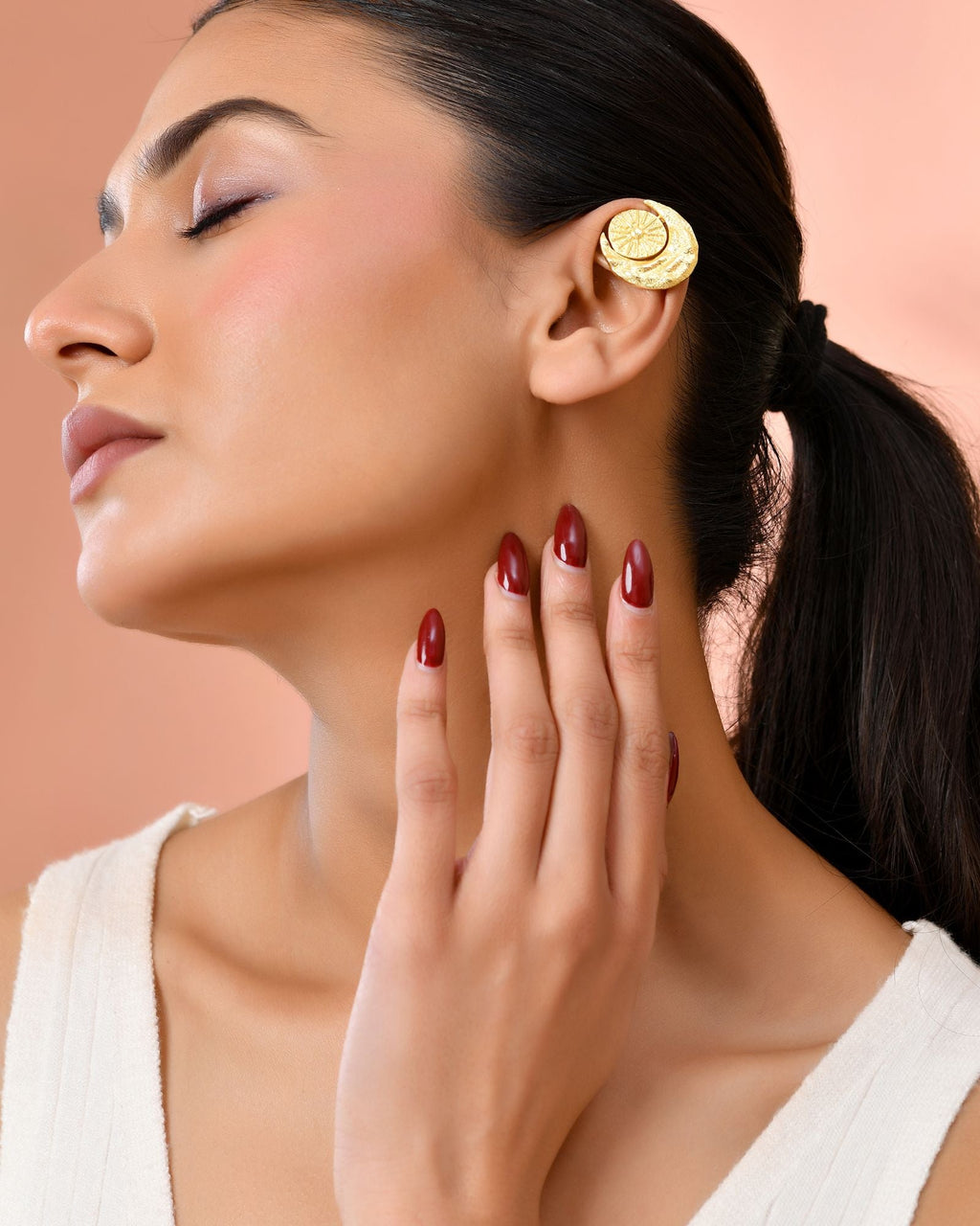 Jewels Nest Gold-Tone Textured Spiral Ear Cuff For Women | Modern Statement Jewellery | Grocsy