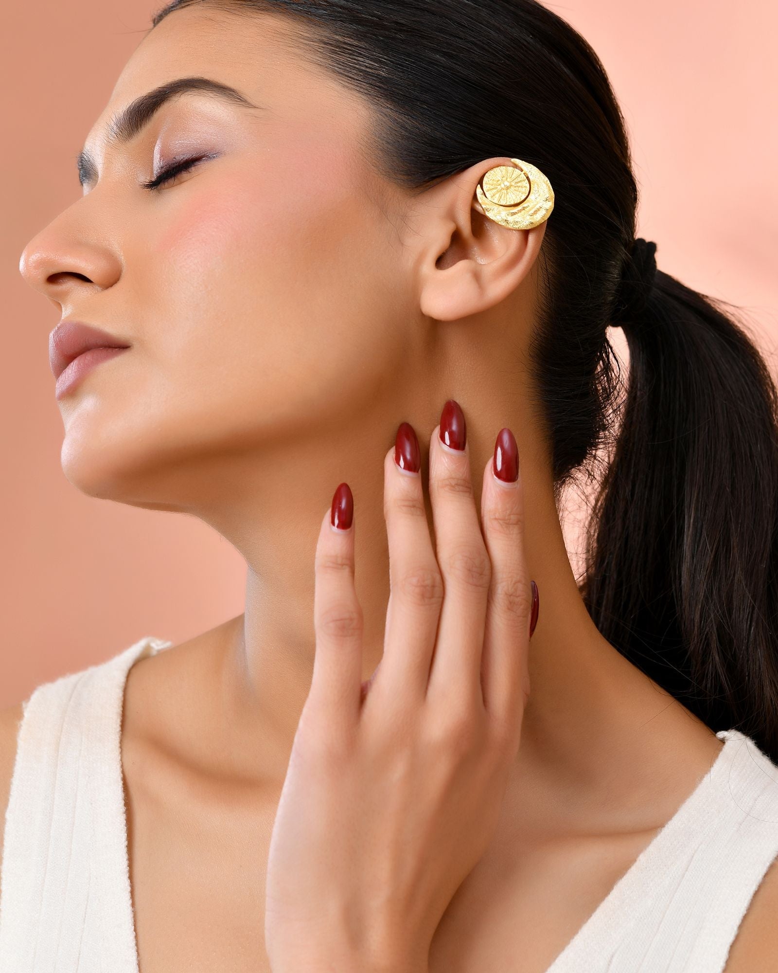 Jewels Nest Gold-Tone Textured Spiral Ear Cuff For Women | Modern Statement Jewellery | Grocsy